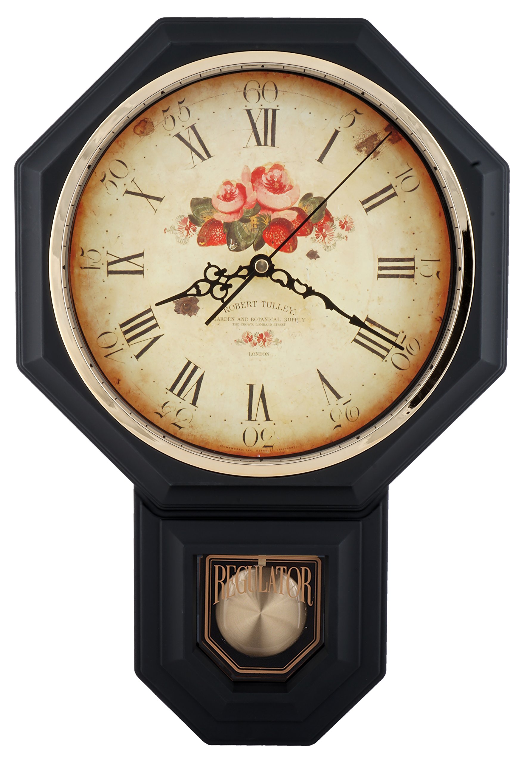Vintage Rose Westminster Chime Wall Clock - Traditional Schoolhouse Pendulum Clock with Hourly Chimes, Battery Operated (Matt Black) | Perfect for Living Room, Bedroom, or Office Decor | Made in Taiwan