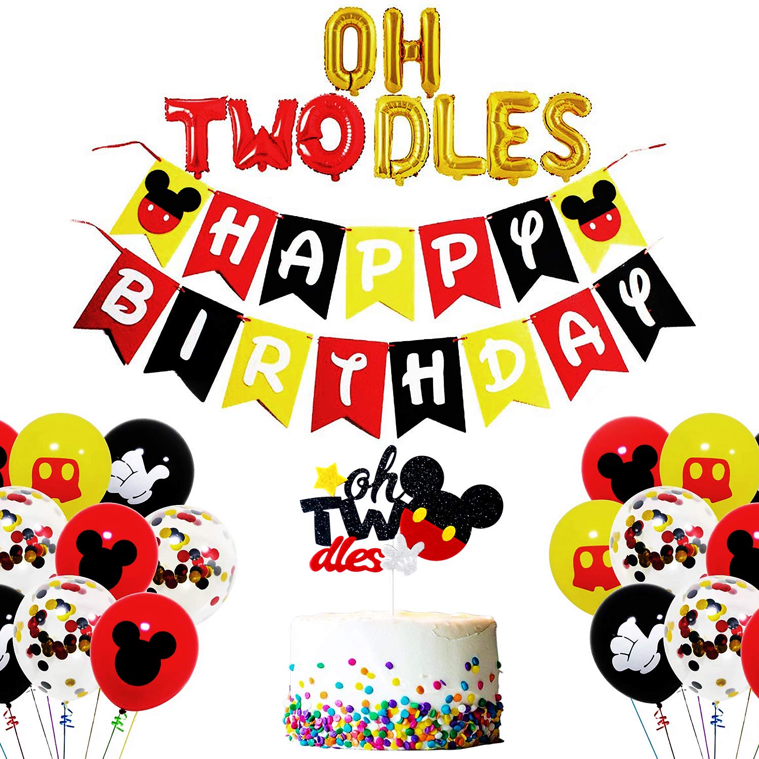 Mickey Mouse Inspired Glitter Twodels for 2nd Birthday Party Decorations - Black & Red Cake Table Decor - Perfect for Disney Themed Celebrations & Kids Birthday Parties