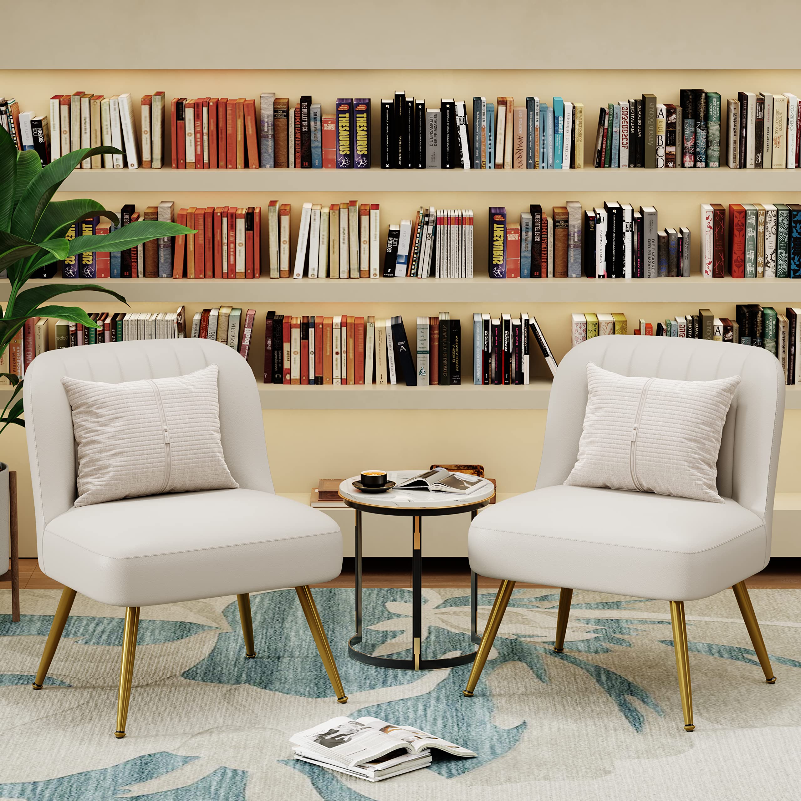 Andeworld 2-Piece Modern Accent Chair Set - Faux Suede Upholstered Armless Living Room Chairs with Golden Legs, Elegant Small Side Club Chairs for Bedroom, Living Room & Office - Beige