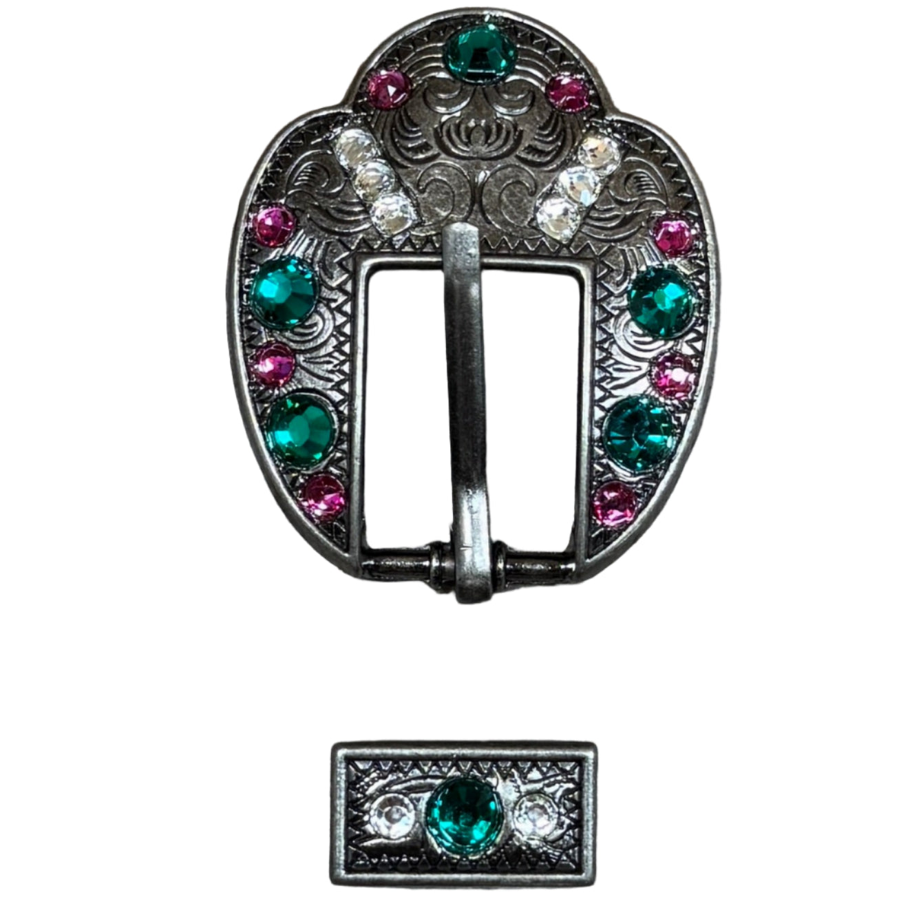 Antique Silver European Crystal Concho Buckle - Fuchsia, Clear & Emerald Gemstones for Western Belts, Handbags & DIY Crafting