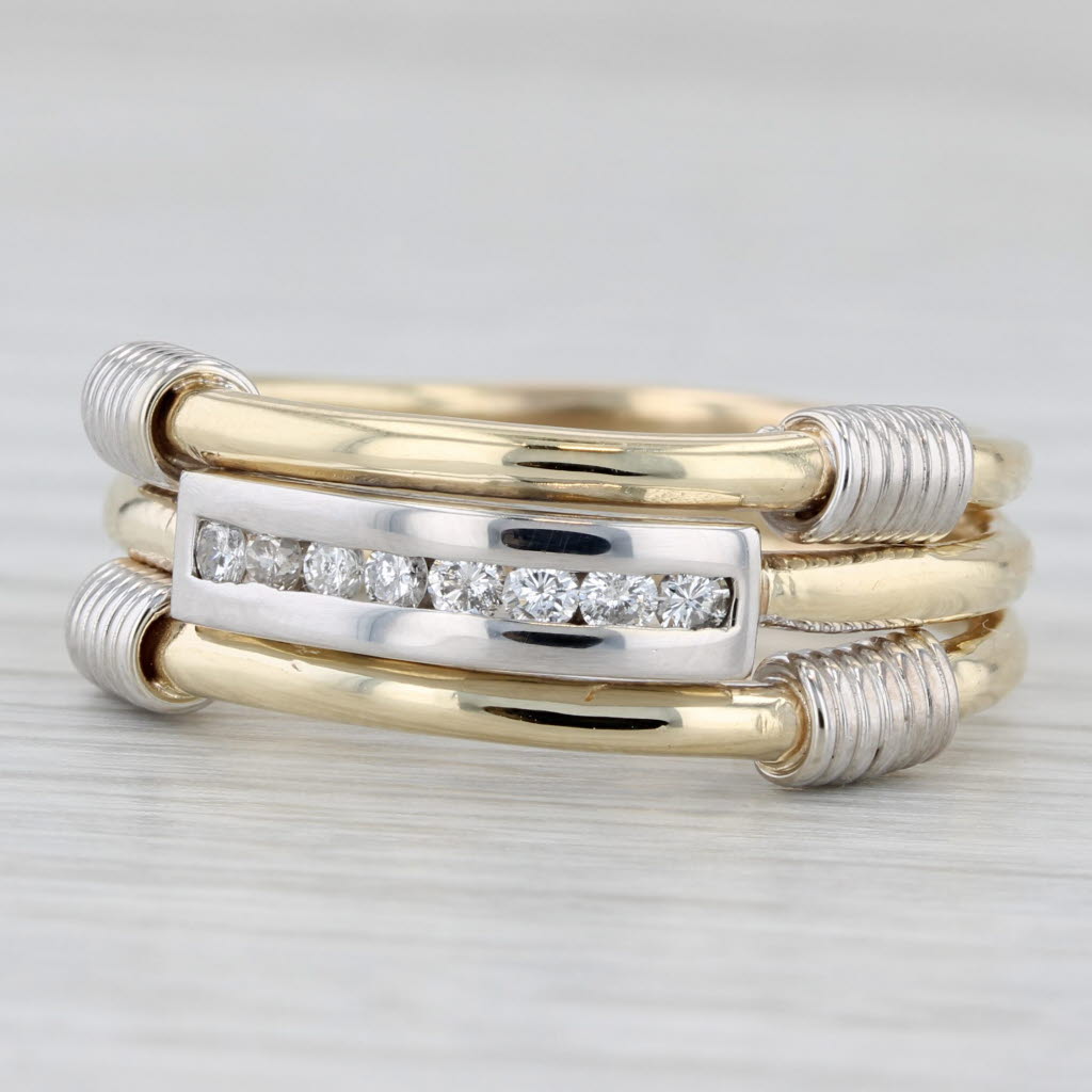 0.25ctw Diamond 3-Band Wedding Ring for Women - 14k Yellow & White Gold Stackable Band with Coil Accents - Size 11 - Perfect for Bridal Sets, Anniversary Gifts & Everyday Luxury Jewelry