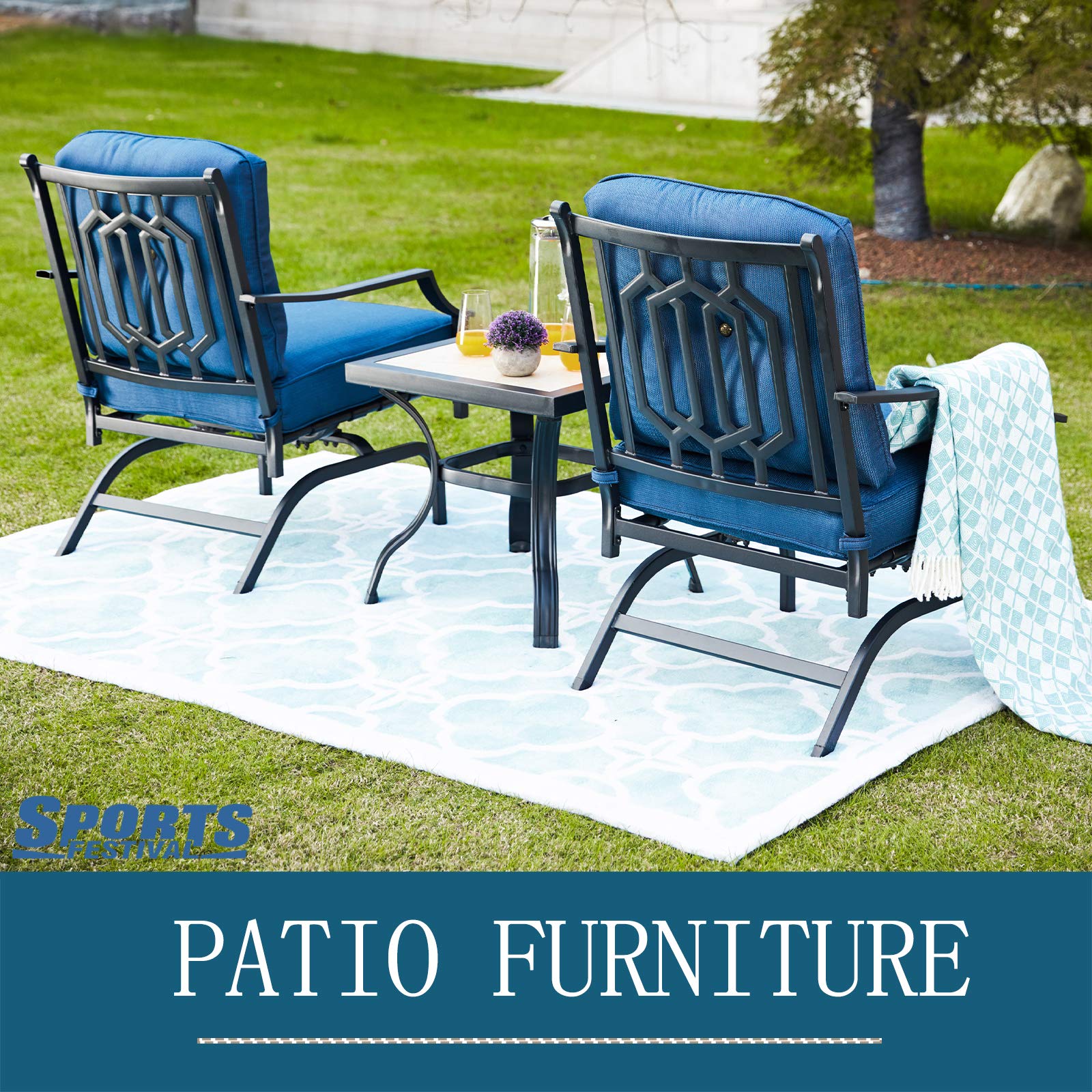 Outdoor Patio Bistro Set - 2 Metal Frame Armchairs with Thick Cushions & Side Table - Blue Garden Furniture for Balcony, Porch, Backyard - Perfect for Relaxing, Dining & Entertaining Outdoors