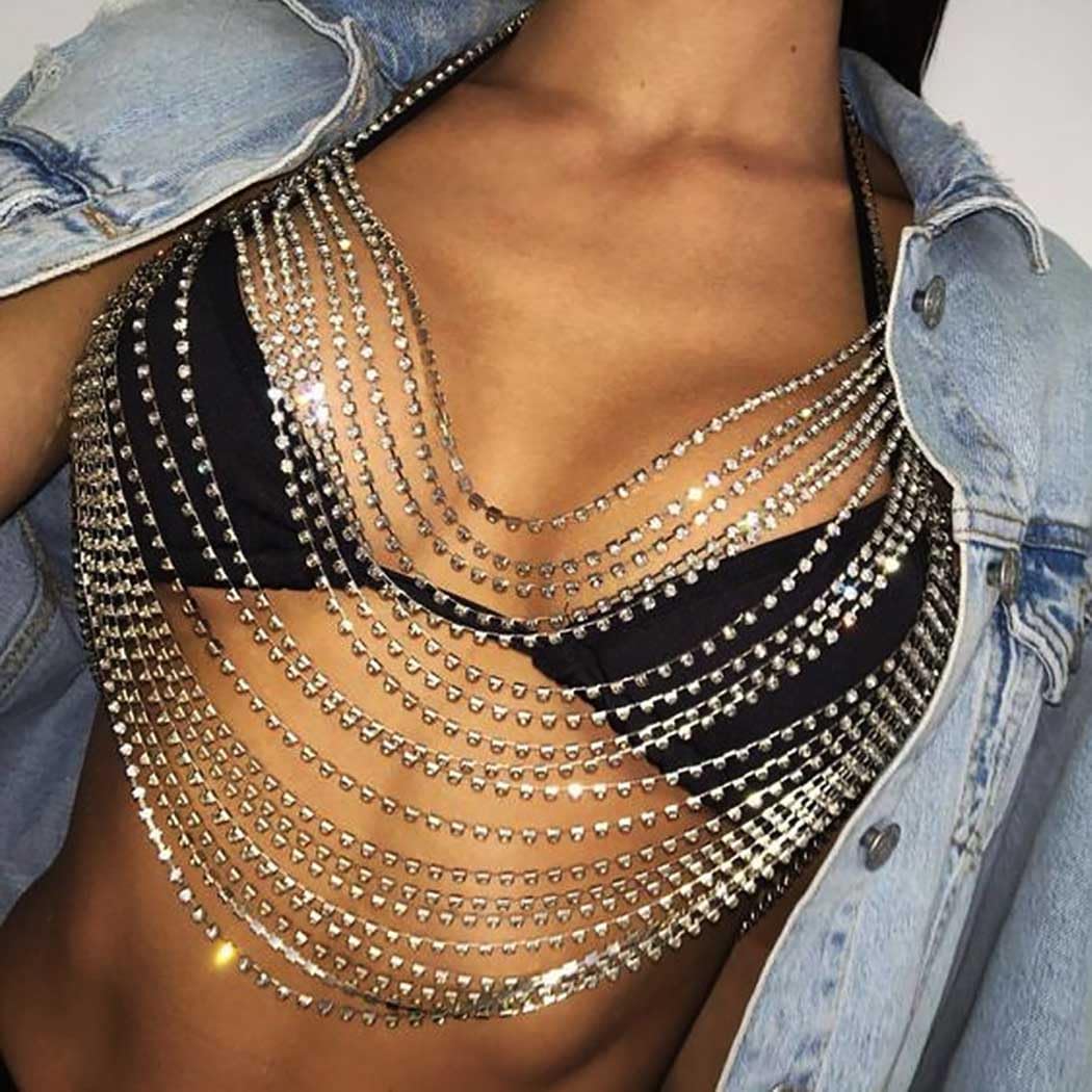 Boho Silver Rhinestone Bikini Bra - Sexy Backless Body Chain Halter with Sequins for Women | Beach Party, Music Festival & Summer Vacation Accessories