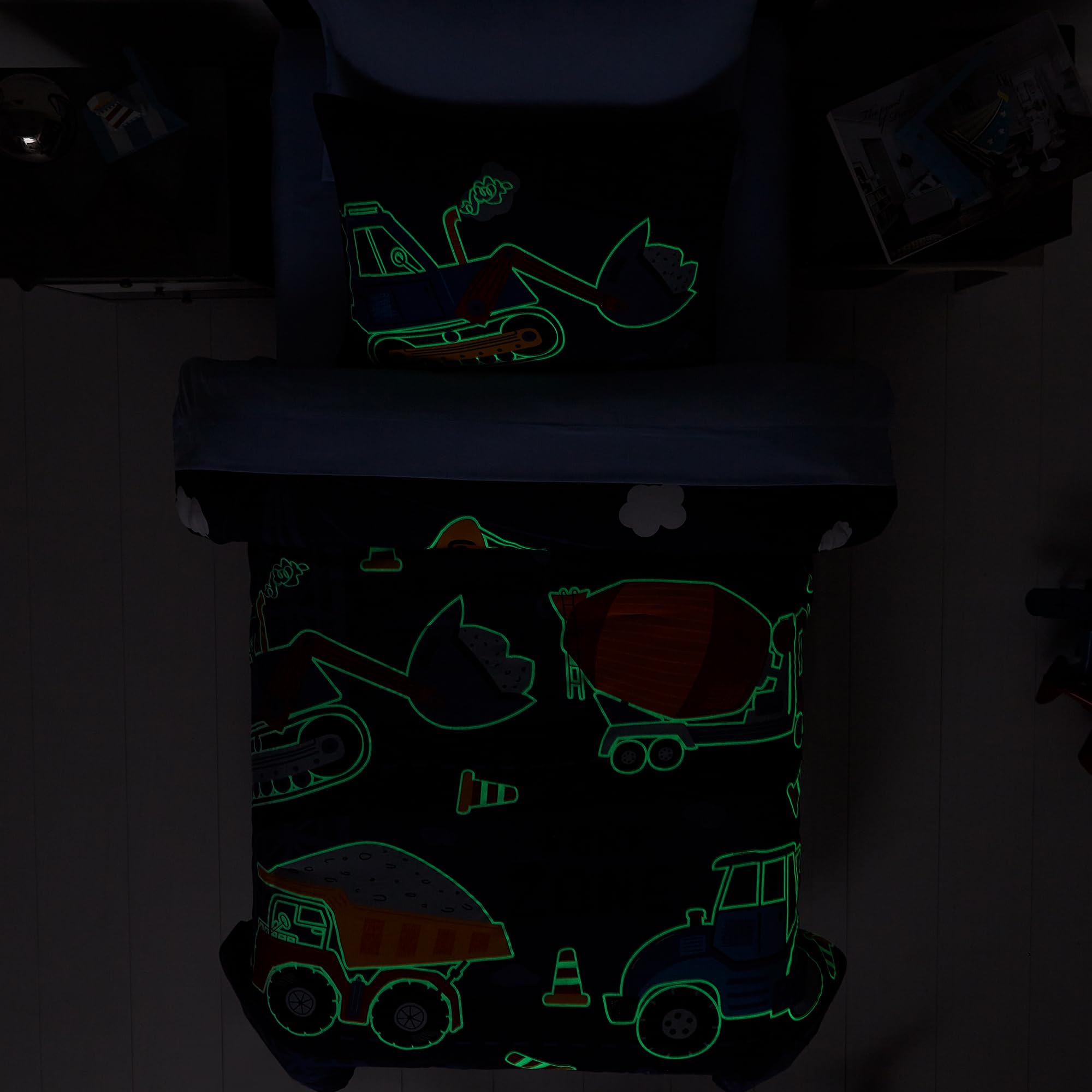 5-Piece Twin Kids Comforter Set for Boys & Girls - Glow in The Dark Truck Tractor Excavator Bedding (Includes Sheets) | Perfect for Teen Bedrooms, Sleepovers & Kids Room Decor