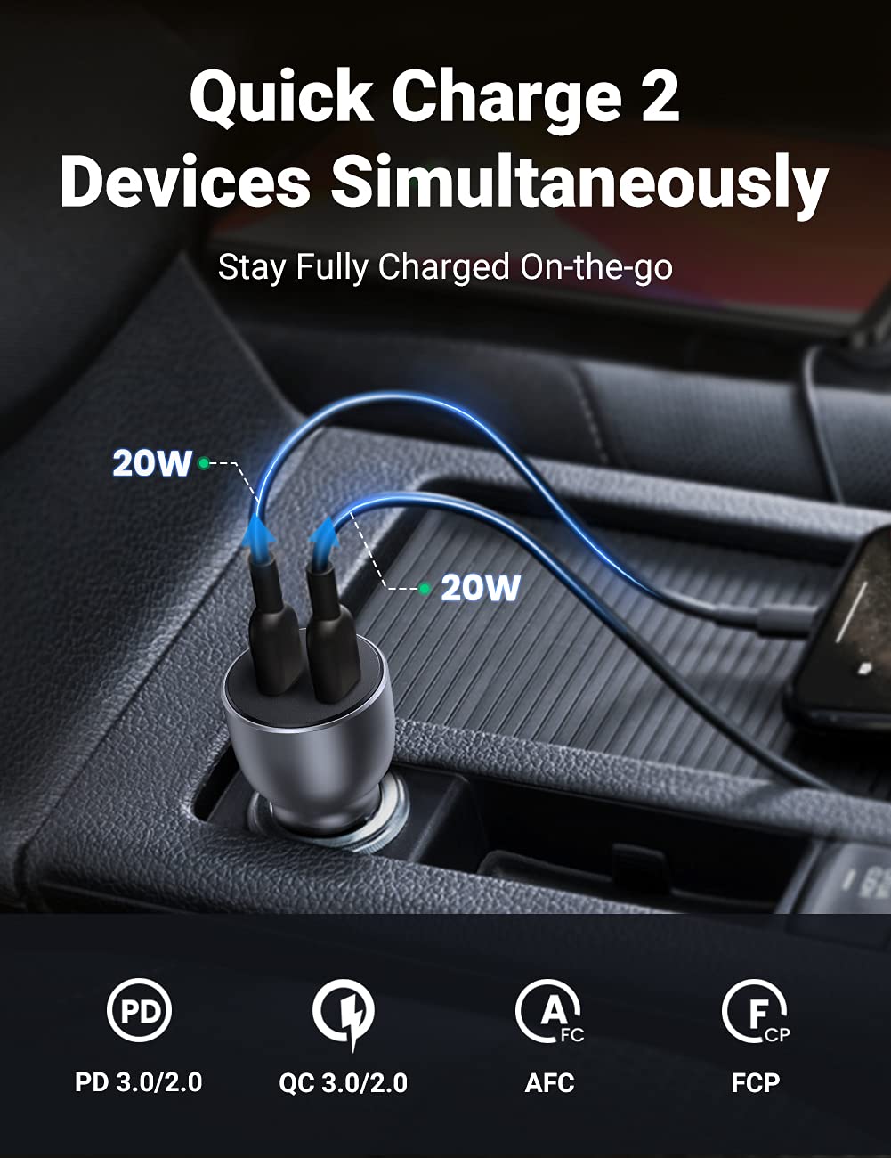 UGREEN 40W Dual USB C Car Charger PD3.0 Fast Charging - Compatible with iPhone 16/15/14/13/12 Pro Max, Galaxy S25/S24 Ultra, iPad Pro/Mini & AirPods - Perfect for Road Trips & Daily Commutes