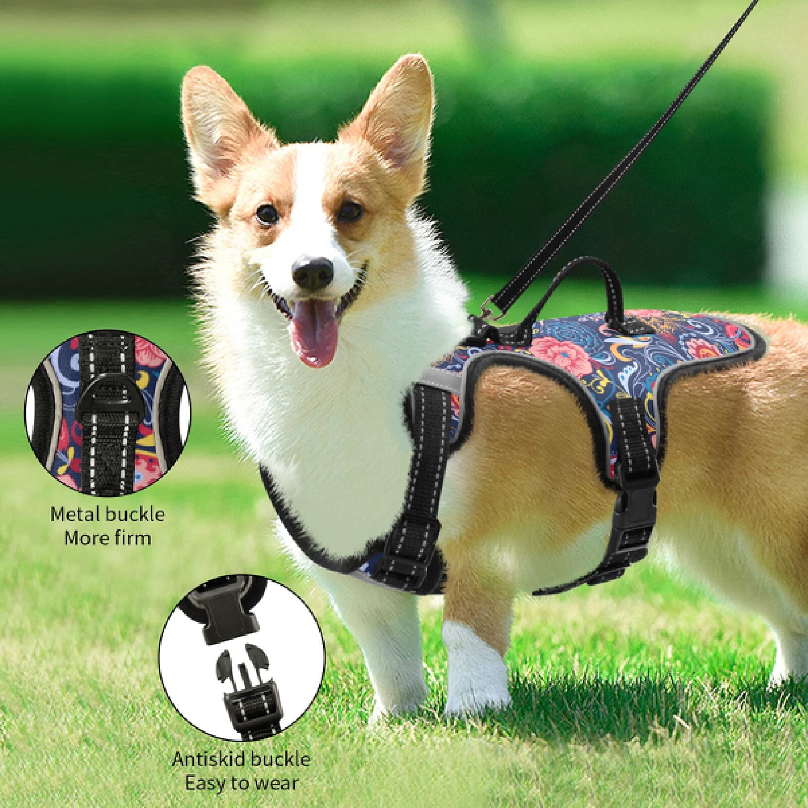 Xigua Paisley Flower Dog Harness - No Pull Reflective Pet Vest for Small & Medium Dogs with Breathable Nylon Handle | Perfect for Walking, Running & Outdoor Adventures