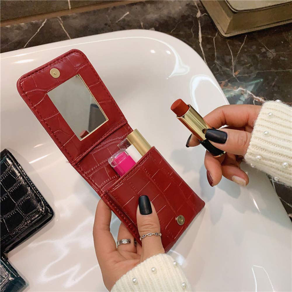 Waterproof PU Leather Mini Makeup Bag with Mirror - Portable Cosmetic Pouch Organizer for Women & Girls - Perfect for Storing Lipsticks, Lip Gloss & Daily Essentials (Dark Green) - Ideal for Travel, Gym & Everyday Use