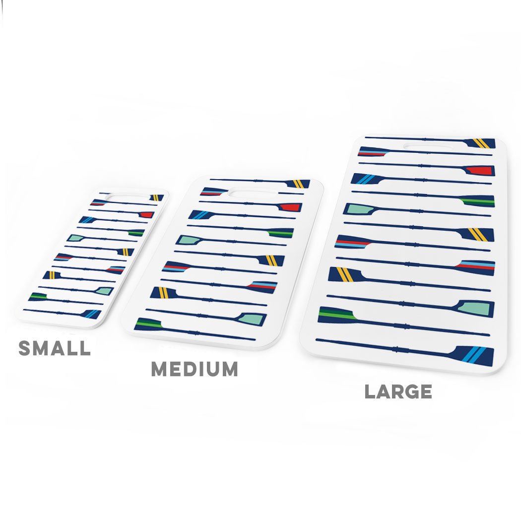 ChalkTalkSPORTS - Medium White Crew Luggage & Bag Tag with Oar Pattern & Custom Info on Back - Perfect for Travel, Sports Teams, and Personalized Identification