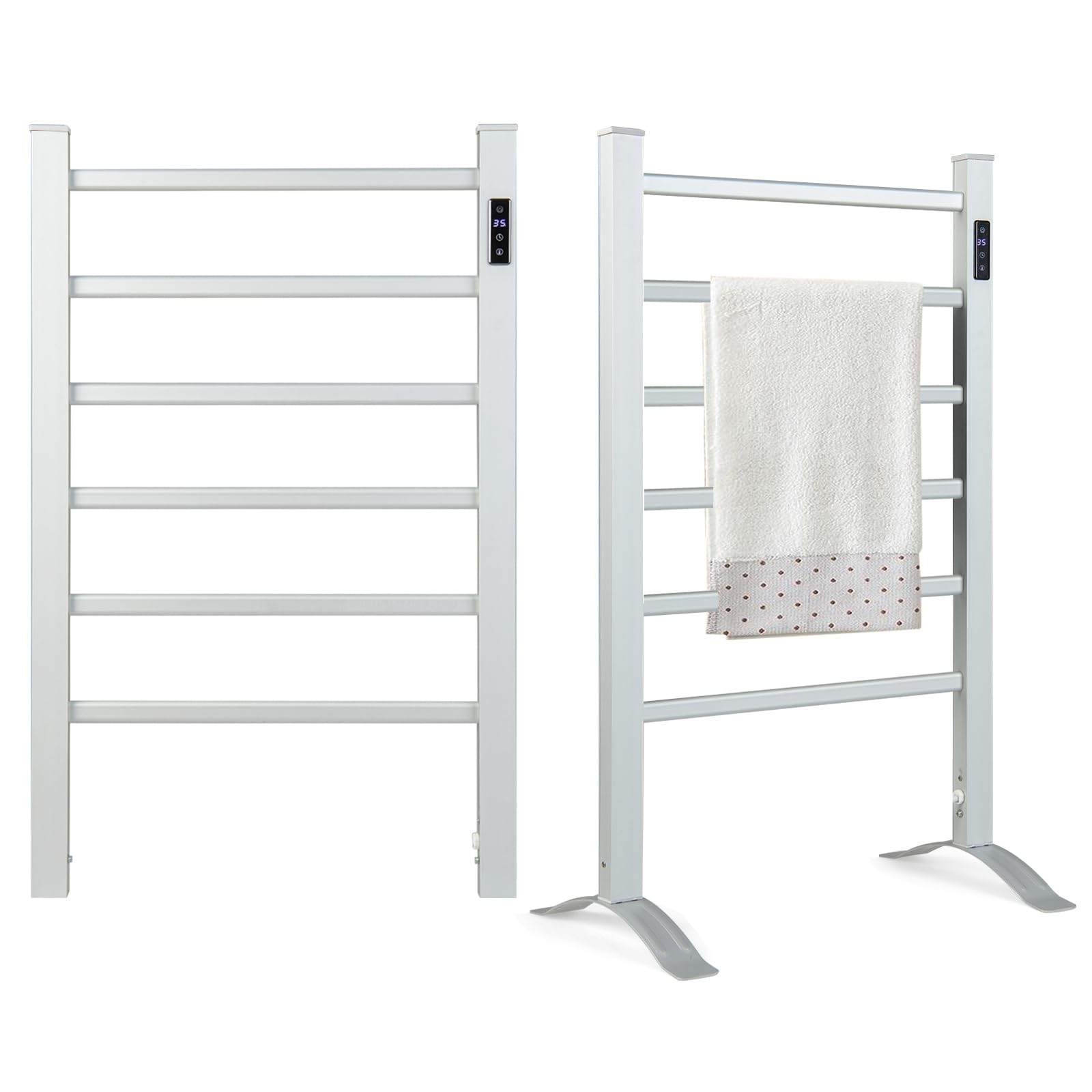 Tangkula 6-Bar Heated Towel Rack - Freestanding & Wall Mounted Towel Warmer with 8H Timer, LED Display & Overheat Protection | Aluminum Bathroom Towel Heater with Constant Temperature Control (Silver) | Perfect for Bathrooms, Spas & Luxury Home Decor