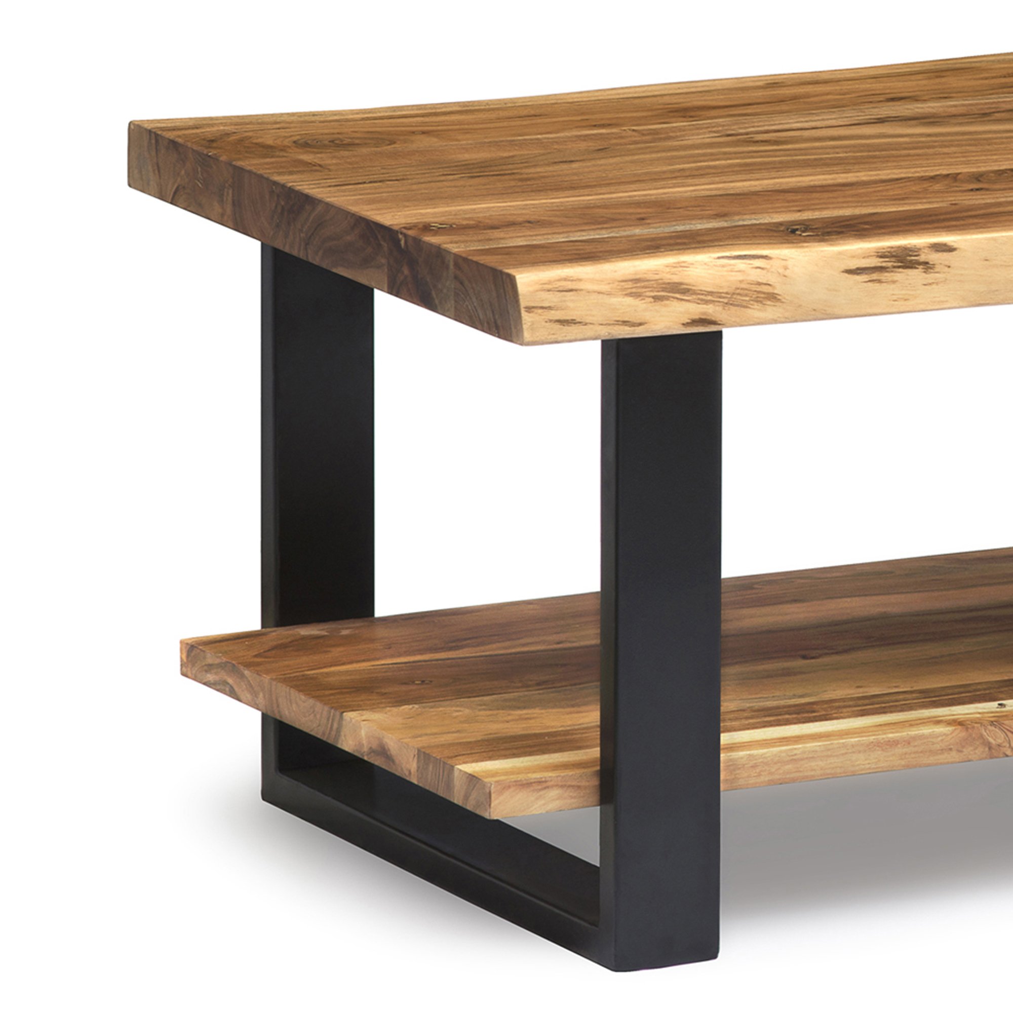 Alpine Natural Live Edge Acacia Wood 2-Shelf End Table with Black Metal Accents & Nylon Floor Protectors - Industrial Rustic Mixed Material Coffee Table for Living Room, Bedroom, or Office