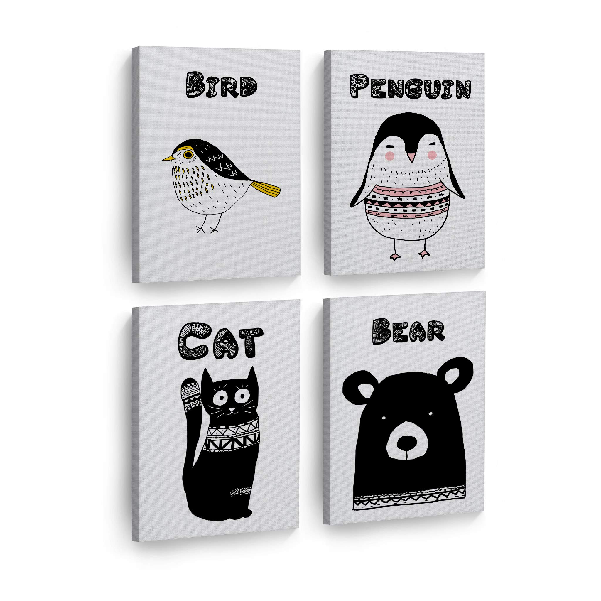 4-Panel Cute Animal Canvas Wall Art Set - Bird, Cat, Penguin & Bear Prints for Kids Room, Nursery & Baby Room Decor - Ready to Hang Made in USA (36x24 Inches Each) - Perfect for Playrooms, Bedrooms & Daycare Centers
