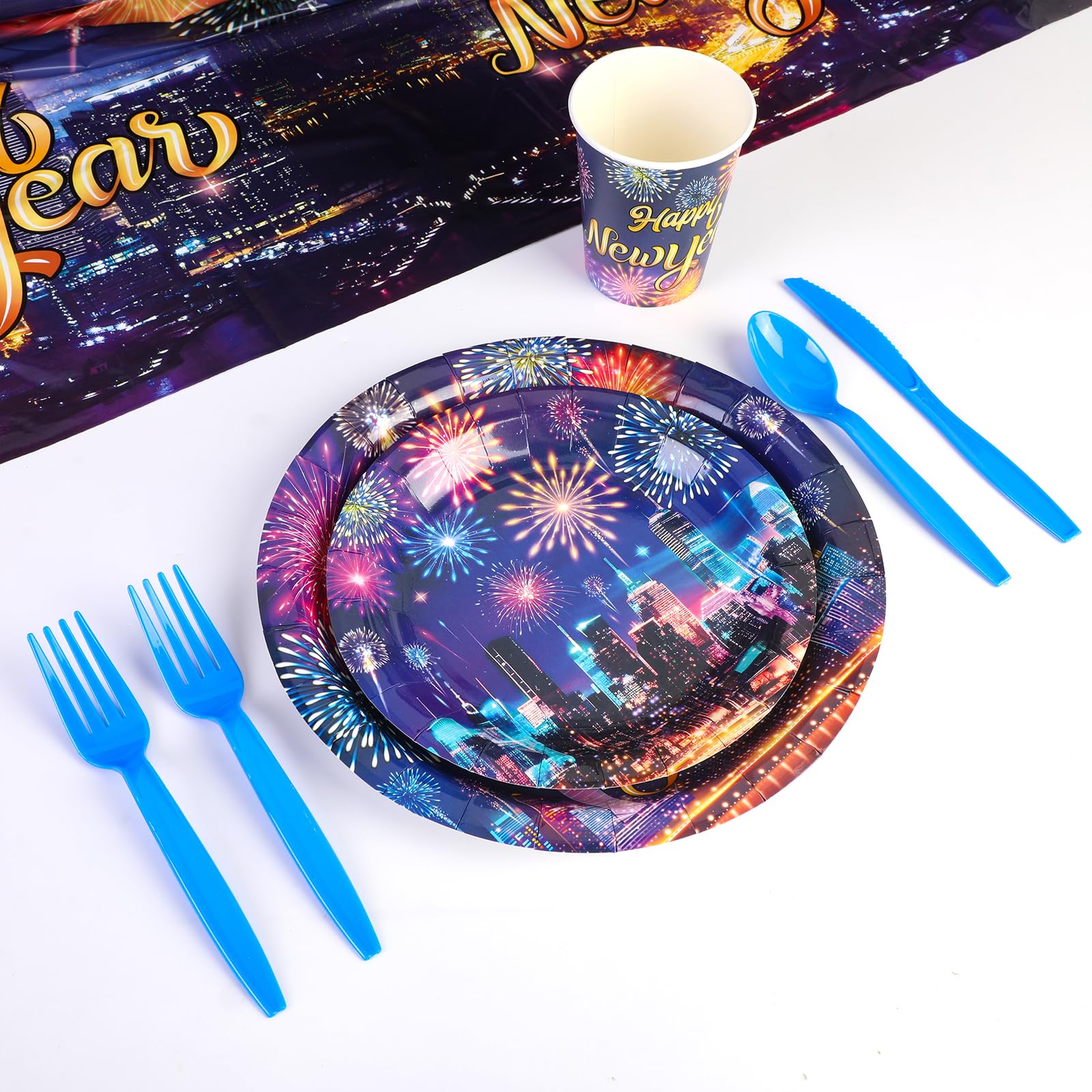 HOWAF 109-Piece Colorful Firework New Year Party Tableware Set for 20 Guests - Gold Glitter Plates, Napkins, Cups, Cutlery & Tablecloth - Perfect for 2025 New Year's Eve Dinner, Birthday Parties & Celebrations