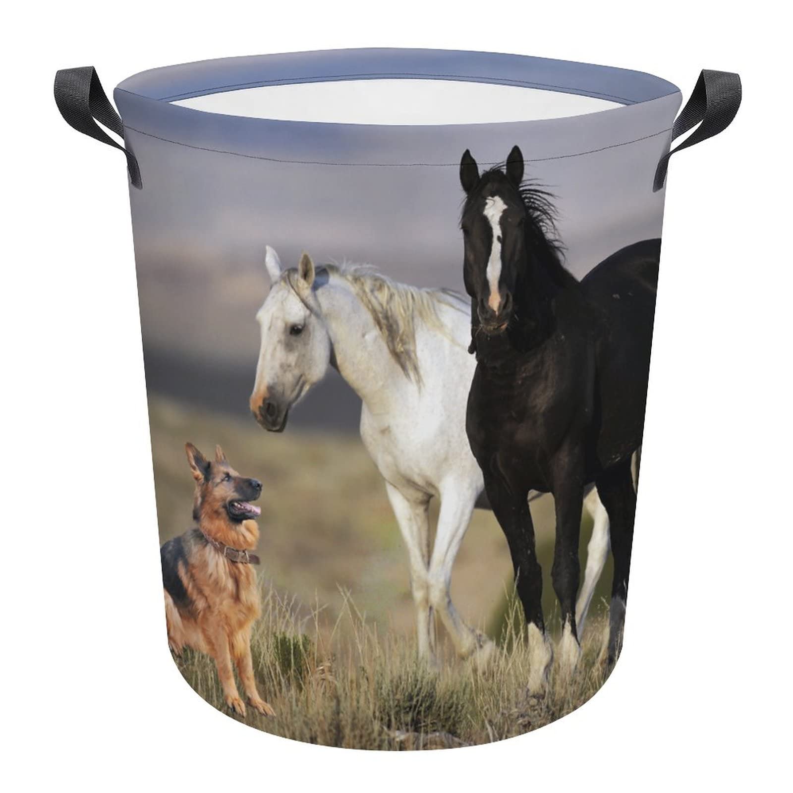 Denruny Collapsible Laundry Basket with Horse & German Shepherd Design - Canvas Fabric Storage Bin for Toys, Clothes & Gifts | Perfect for Home Organization, Pet Lovers & Seasonal Decor