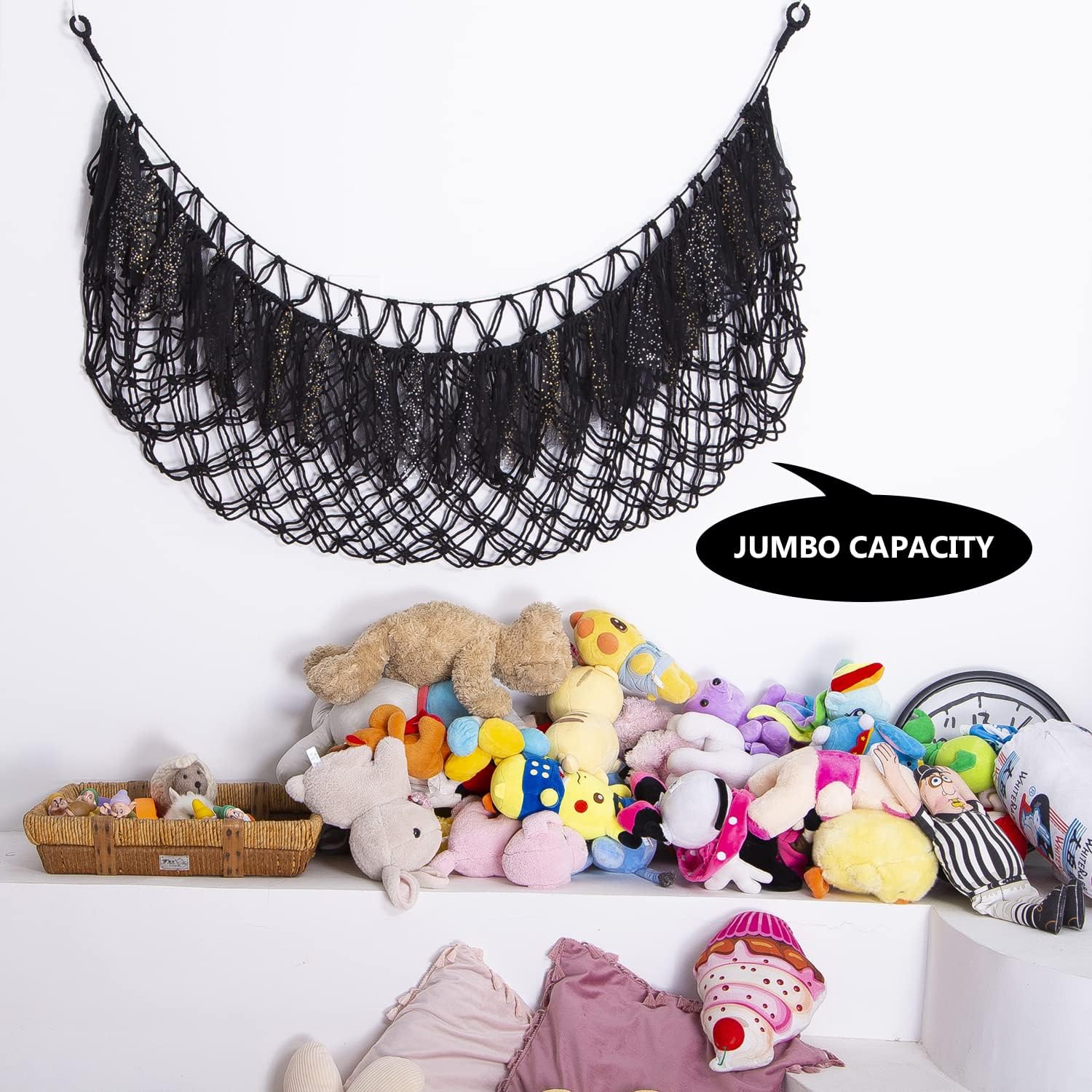 Large Stuffed Animal Hammock with LED Lights - Wall Mounted Plush Toy Organizer for Squishmallows, Boho Macrame Corner Hanging Net - Nursery, Bedroom & Playroom Storage Decor (Black) - Perfect for Kids' Room Organization & Cozy Plushie Display