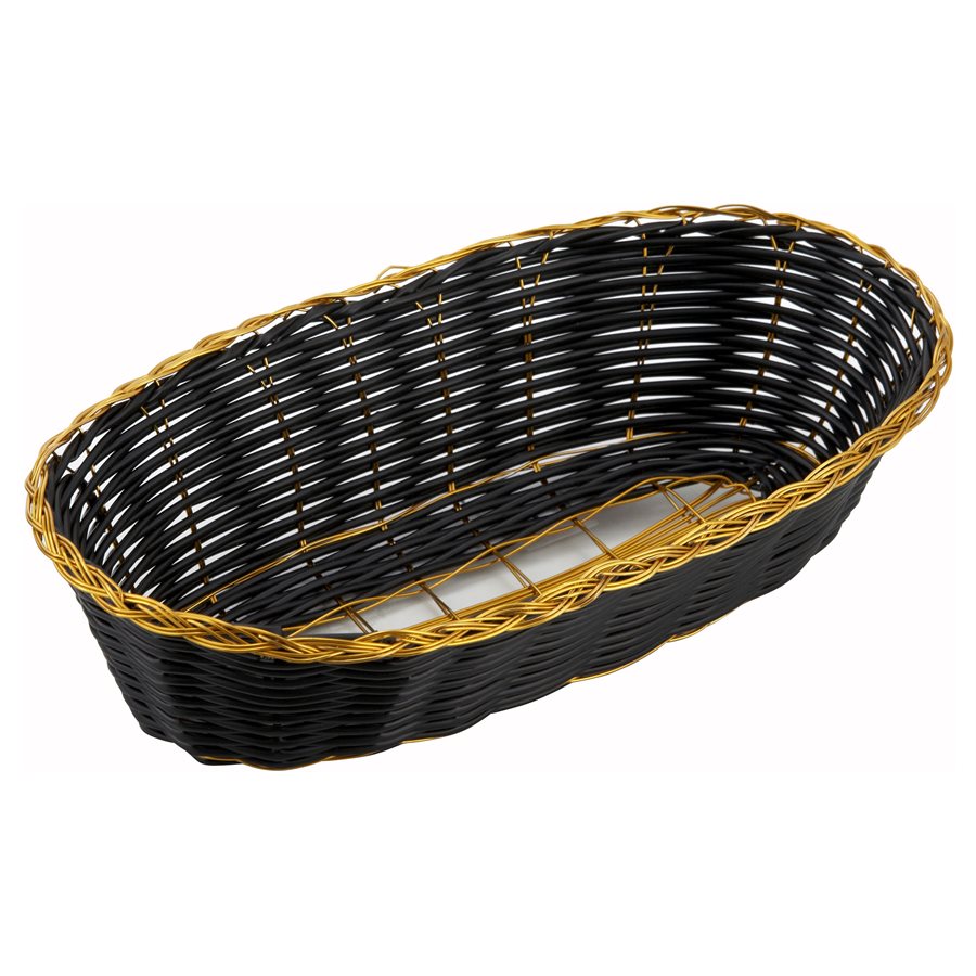 Winco Oval Woven Basket - Black with Gold Trim - 8.75