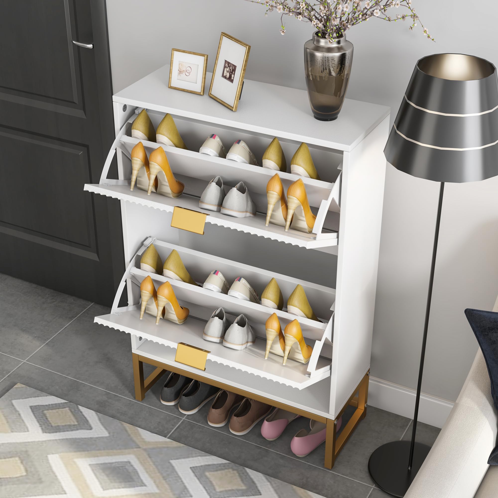 Modern Slim Shoe Cabinet with 2 Flip Drawers - Freestanding Wooden Entryway Shoe Storage Organizer, Narrow Fluted Design for Living Room & Hallway - Perfect for Small Spaces & Apartment Entry (White)