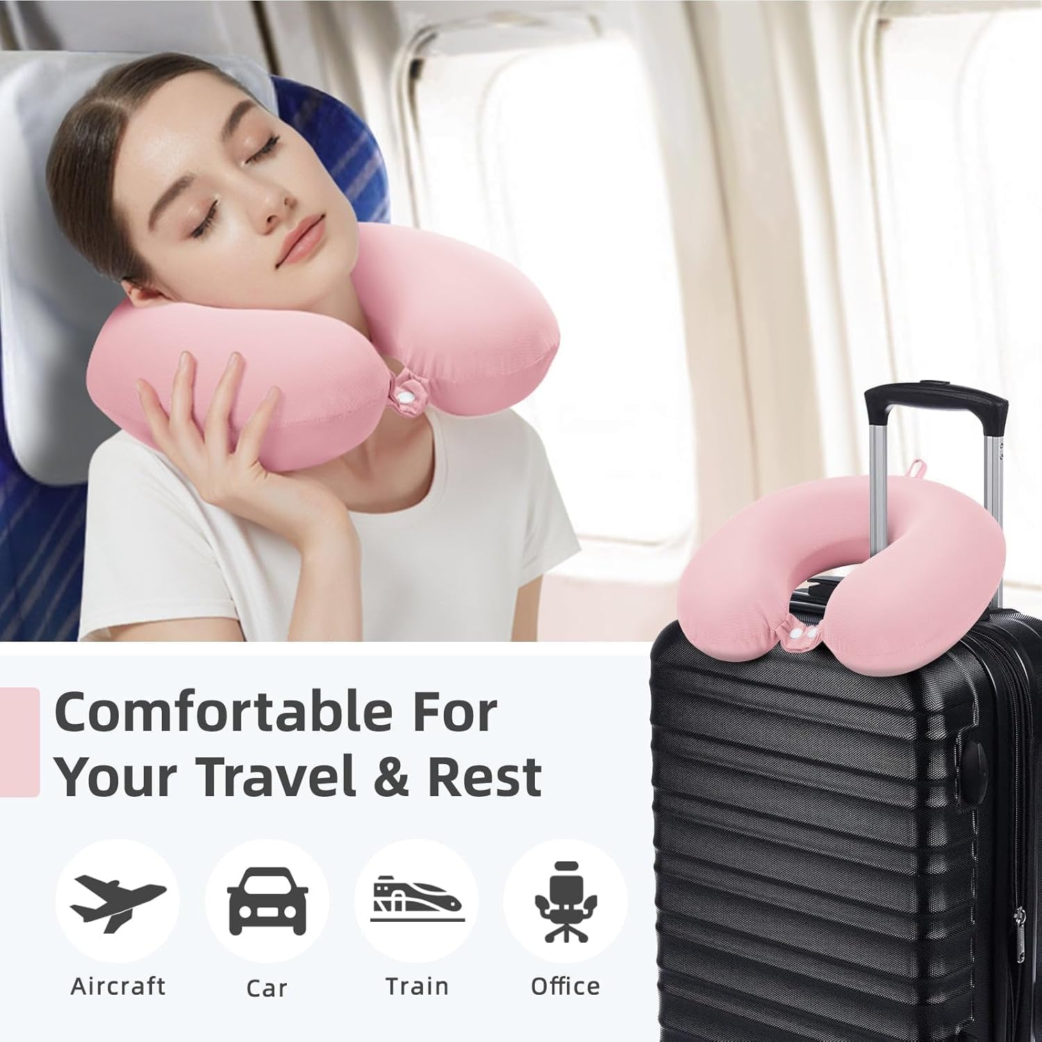 Vibgyor Vibes U-Shaped Travel Neck Pillow with Eye Mask - Ergonomic Support for Airplane, Car & Train Travel - Lightweight Sleeping Pillow for Men & Women (Pink) | Perfect for Long Flights, Road Trips & Commuting