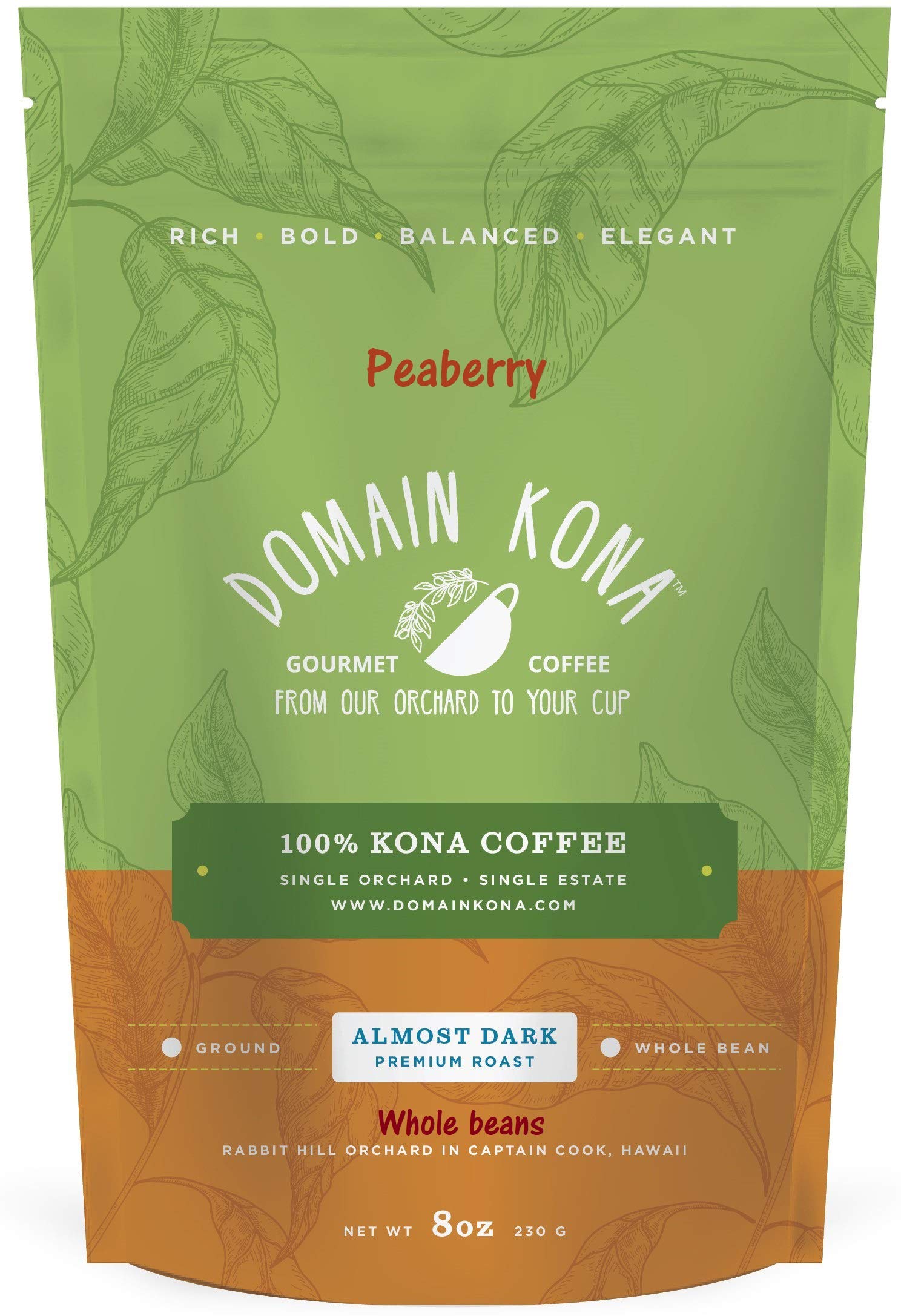 Premium Kona Peaberry Coffee - Whole Bean Dark Roast, 8oz - Farm Fresh for Home Brewing
