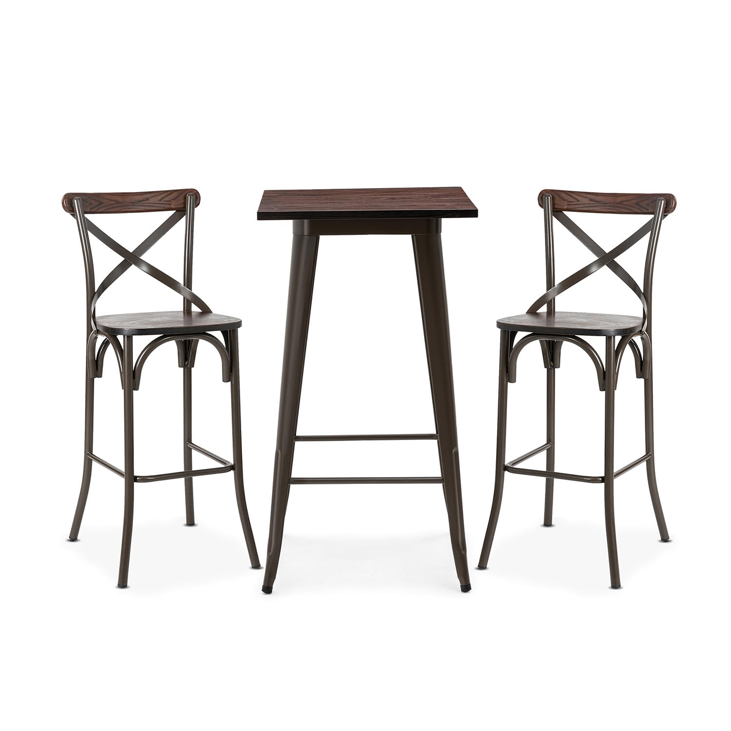 Glitzhome 3-Piece Rustic Steel Square Bar Table and High Back Bar Stools Set - Industrial Style Dining Table and Chairs for Kitchen, Pub, and Restaurant Use