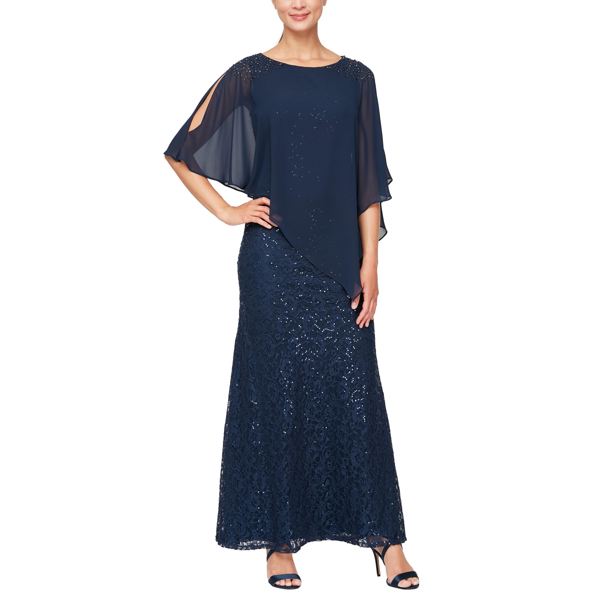 S.L. Fashions Women's Long Sequin Lace Beaded Capelet Dress - Elegant Formal Evening Gown for Prom, Wedding & Special Occasions (Petite & Regular Sizes)