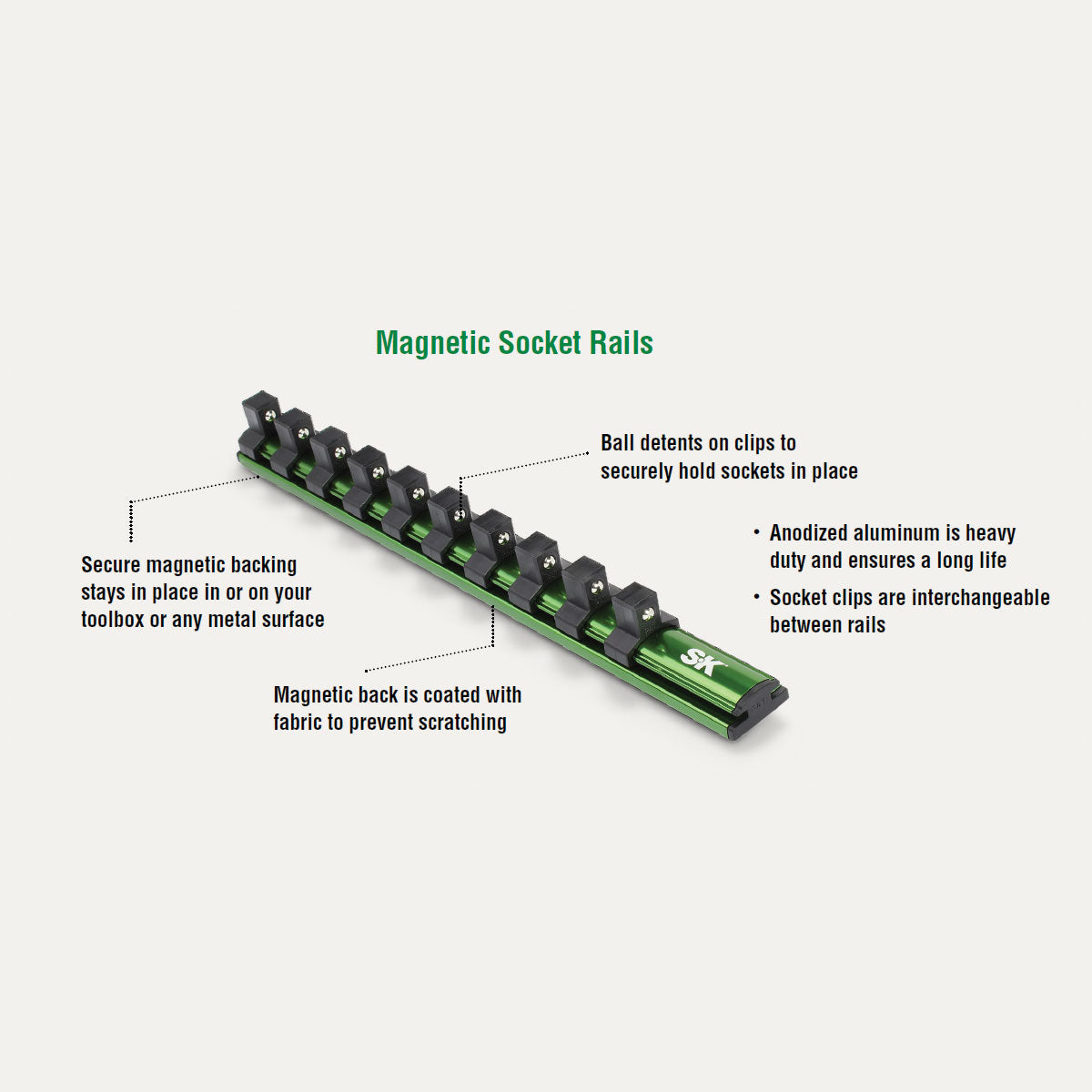 10-Piece Magnetic Socket Rail Holder Set - 1/2 Inch Drive Organizer for Mechanics Tools | Garage Workshop & Auto Repair Storage Solution