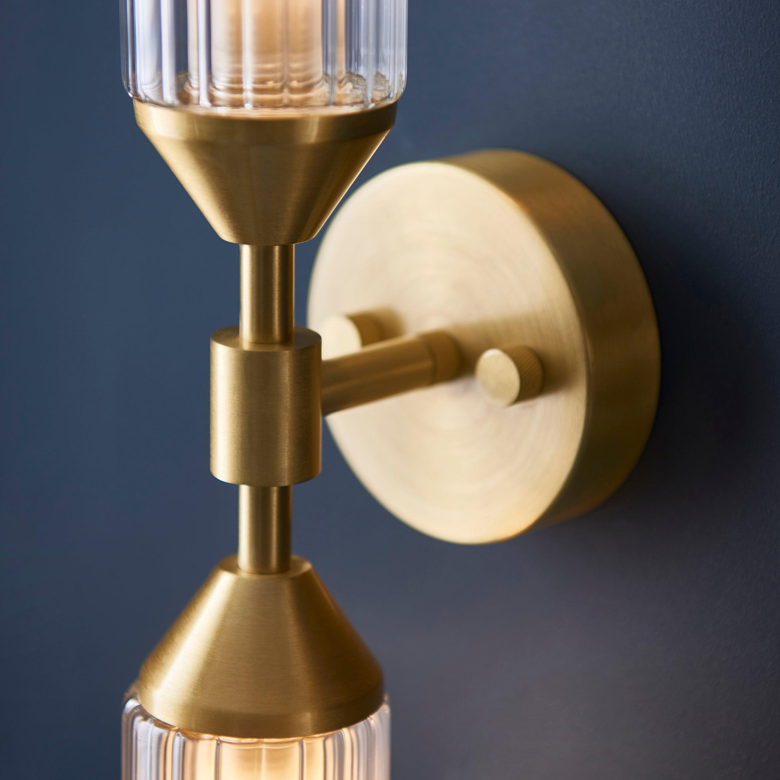 Belsize Brass Double Wall Light with Ribbed Glass Shades - Perfect for Living Room, Bedroom, and Hallway Lighting