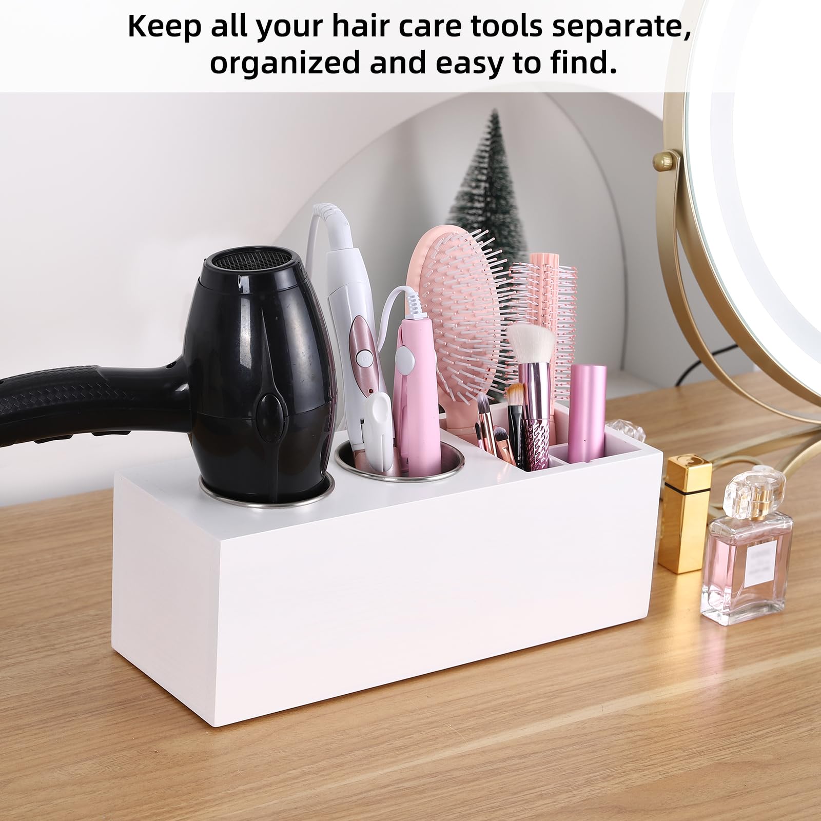 Premium Cedar Wood Hair Dryer Holder & Organizer - Wall Mount, Countertop & Cabinet Door Blow Dryer Storage with Curling Iron Stand (White) | Perfect for Bathroom, Salon & Home Organization