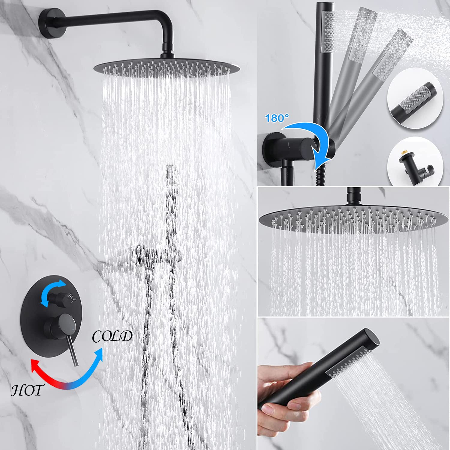 HaiZR Matte Black Shower System - 10 Inch Rainfall Shower Head with Brass Faucet, Wall Mounted Bathroom Shower Combo Set with Rough-in Valve & Trim Kit - Perfect for Modern Home, Spa, and Luxury Bathroom Renovations