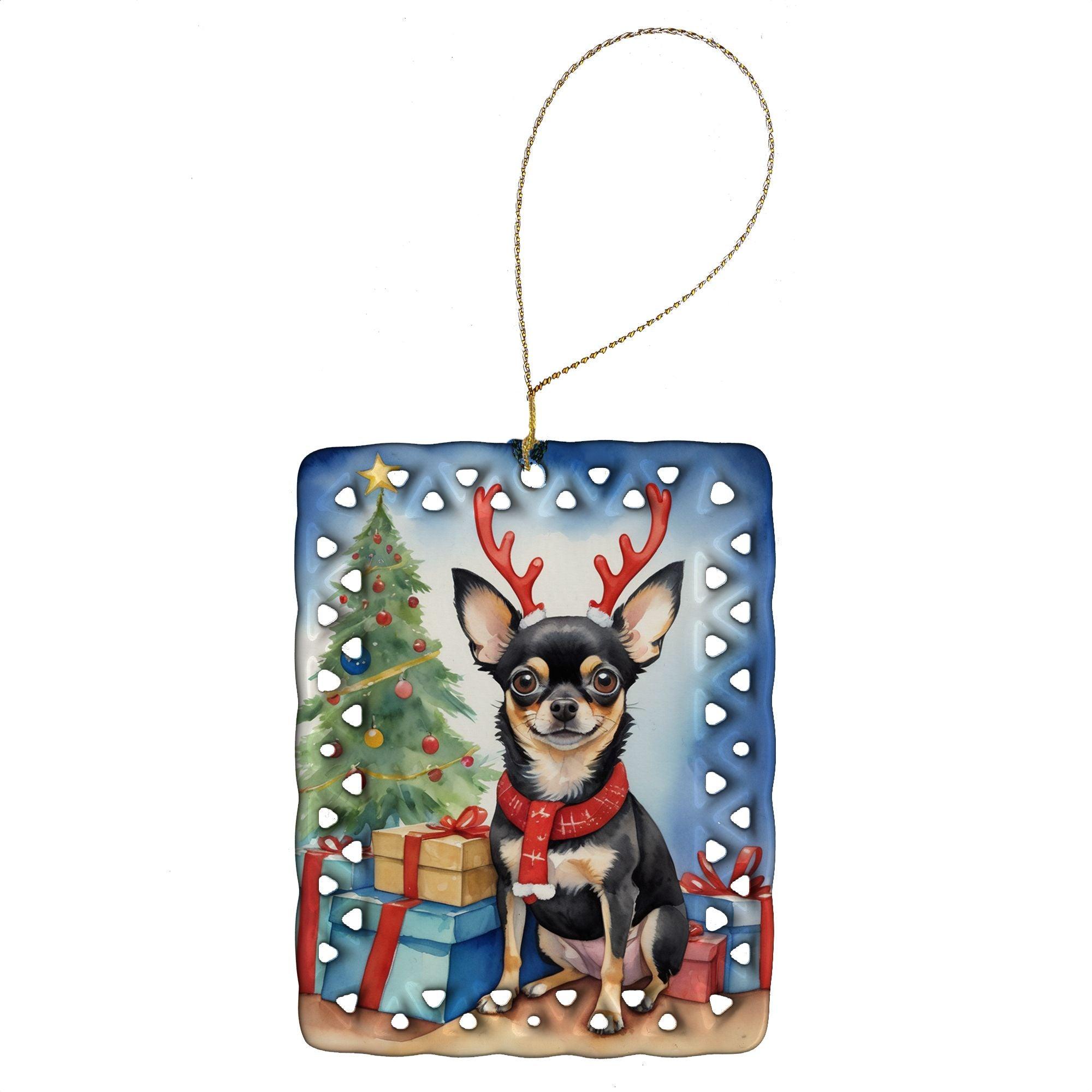 Black and Tan Chihuahua Christmas Reindeer Porcelain Ornament - Rectangle Holiday Tree Hanging Decor for Home, Gift, Multicolor | Perfect for Christmas Tree Decorations, Holiday Gifts & Festive Home Decor