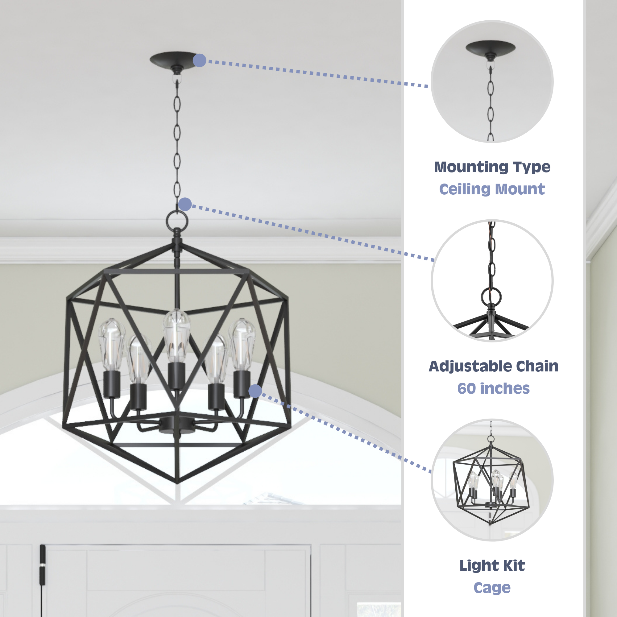 Heleo Modern Geometric Chandelier - Matte Black Finish - Elegant Lighting Fixture for Dining Room, Living Room or Bedroom