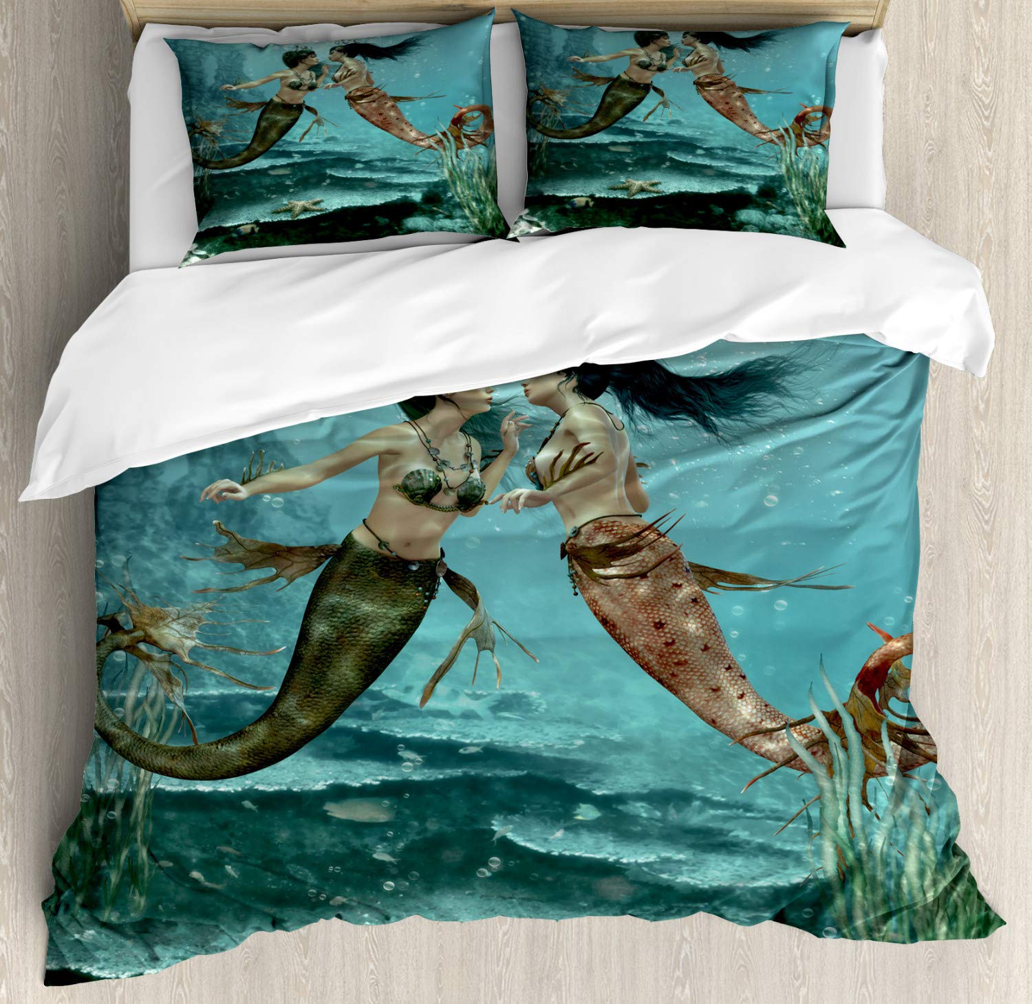Ambesonne King Size Mermaid Duvet Cover Set - 3 Piece Ocean Theme Bedding with 2 Pillow Shams, Mythological Sea Creatures, Starfish & Seaweed Design, Multicolor - Perfect for Beach House Decor & Underwater Themed Bedrooms