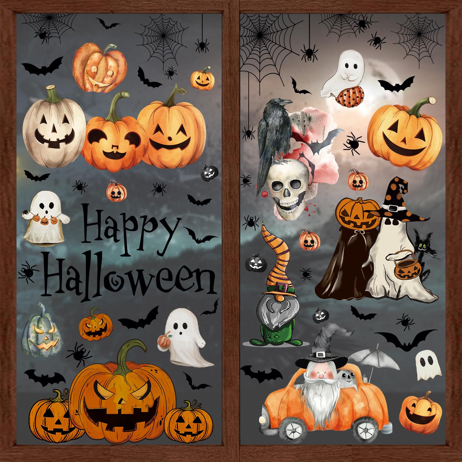 102Pcs Halloween Window Clings - Vintage Pumpkin Ghost Bat Gnomes Window Decals for Spooky Halloween Decorations | Halloween Party Supplies, Home Decor for Glass Windows, Doors, Classrooms & Office Decor