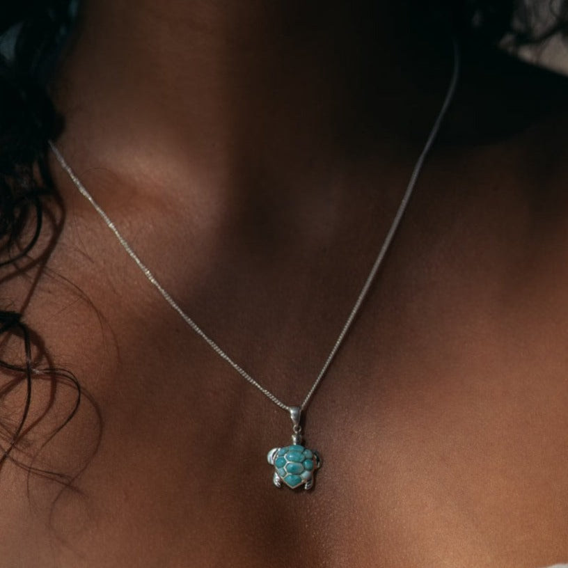 Caribbean Larimar Sea Turtle Pendant Necklace - Genuine Blue Stone Jewelry for Women - Perfect for Beach Vacations & Summer Fashion