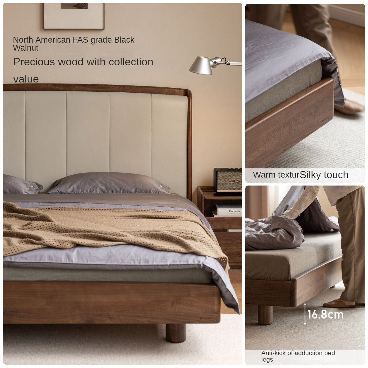 Premium Black Walnut & Ash Solid Wood Leather Upholstered Bed Frame - High Soft Back Support for Master Bedroom, Guest Room & Luxury Home Decor
