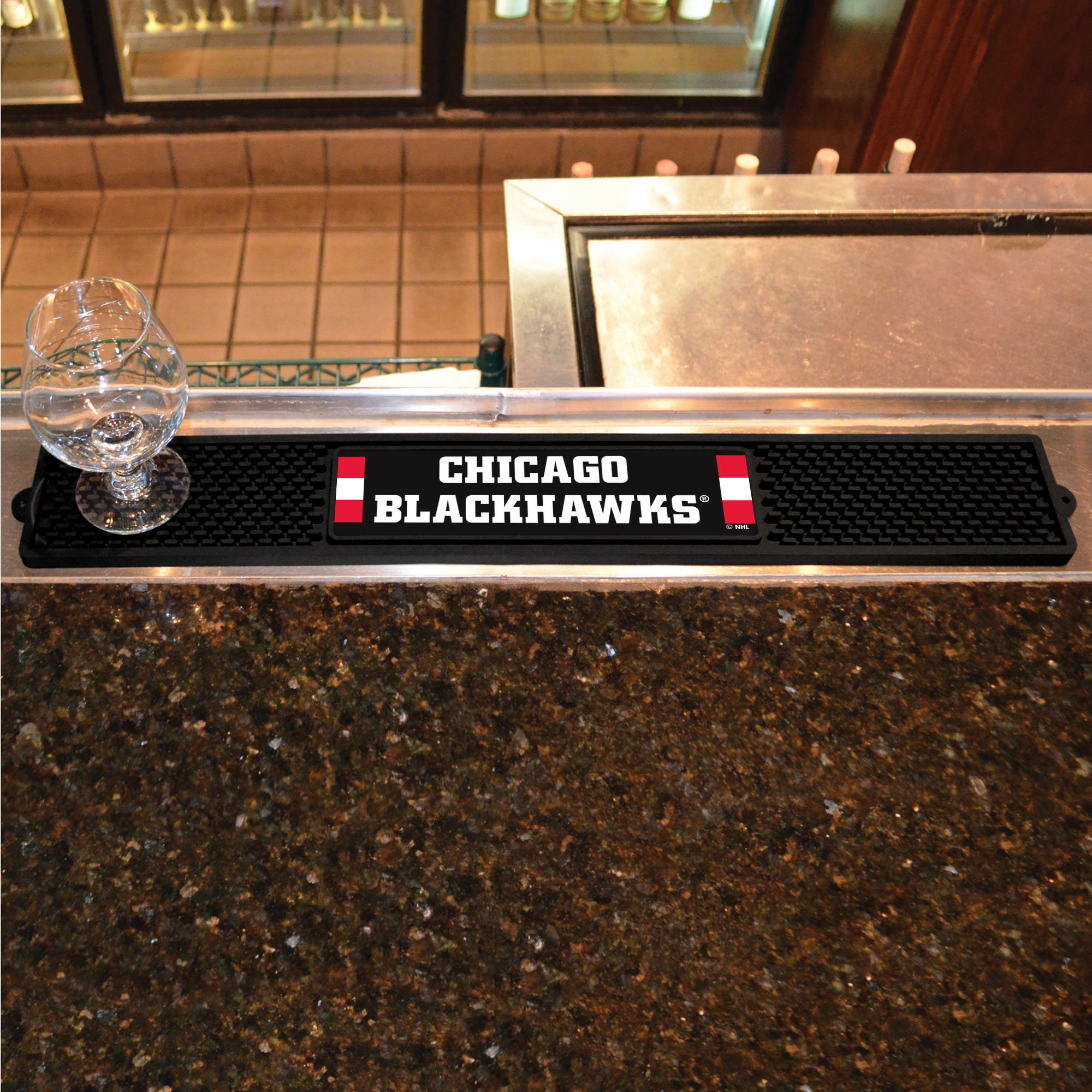 Chicago Blackhawks NHL Bar Mat - 3.25x24 Inch Durable Drink Coaster & Dish Drying Mat - Non-Slip Counter Protector for Beer, Wine & Kitchen Use - Easy to Clean & Reusable - Officially Licensed Team Merchandise