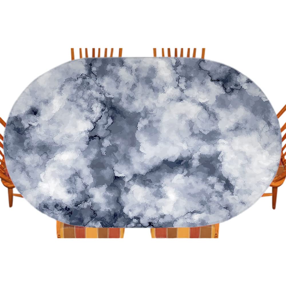 Marble Oval Elastic Fitted Tablecloth - Cloudy Stone Pattern with Foggy Abstract Effects, Waterproof & Wrinkle-Resistant, Fits 42x60 Inch Tables (Grey Blue) - Perfect for Kitchen Dining, Outdoor Picnics, Party Decorations & Wedding Table Settings