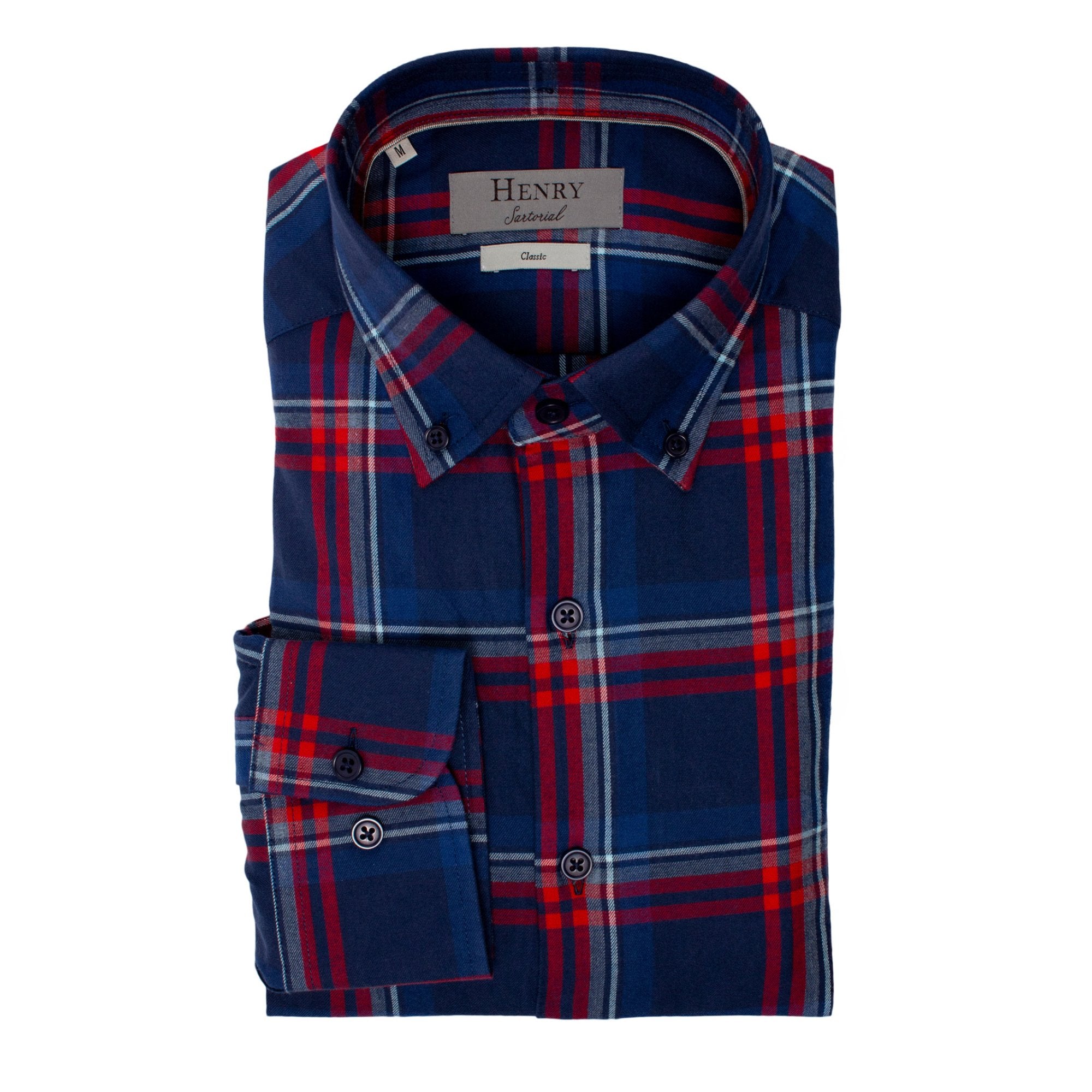 HENRY SARTORIAL Men's Casual Checkered Button-Down Shirt in Navy & Red Plaid - Perfect for Office, Date Night, and Weekend Outings
