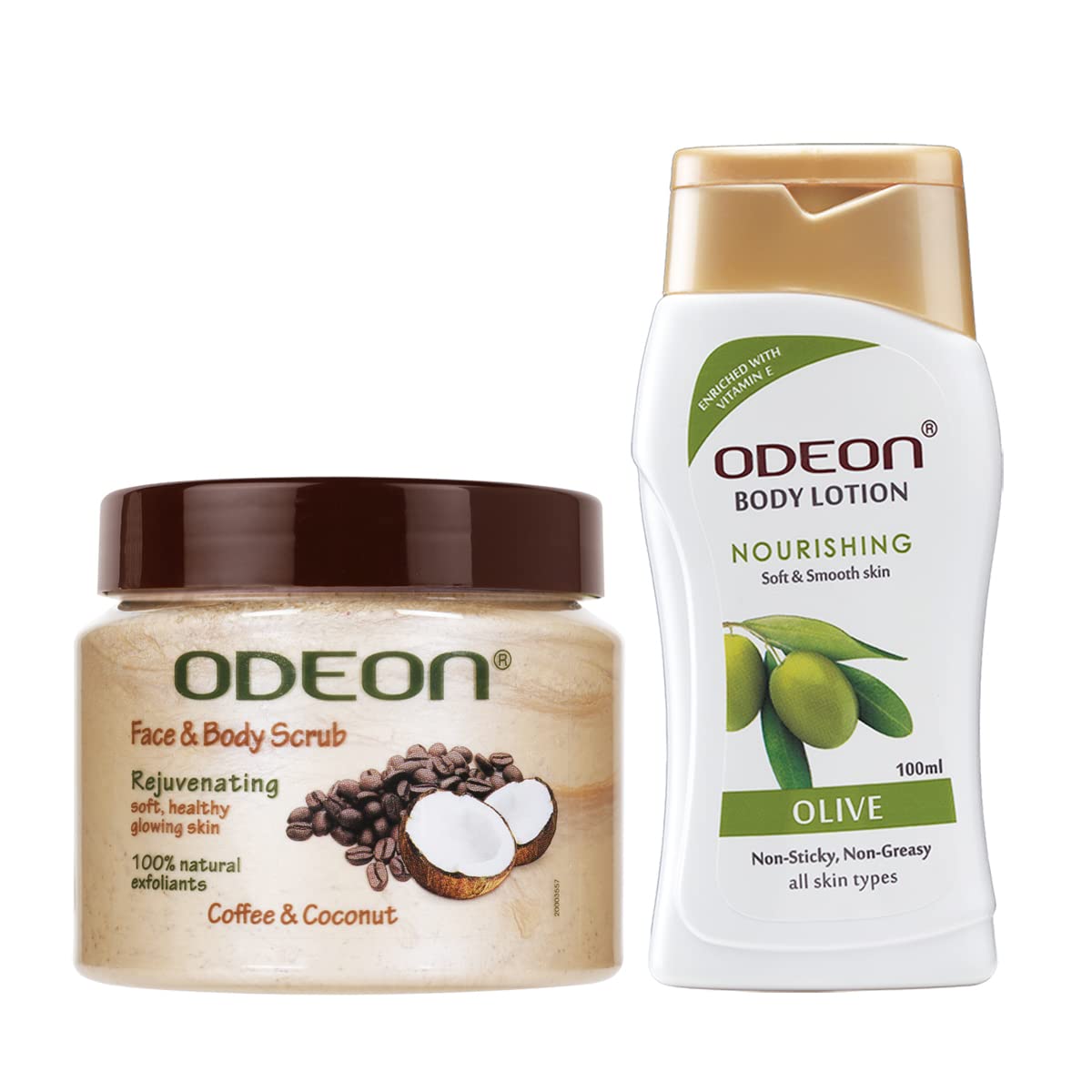 FREE Odeon Olive Body Lotion 100ml + Odeon Coffee Coconut Face & Body Scrub 300ml - Hydrating Skincare Duo for Dry Skin & Exfoliating Body Care