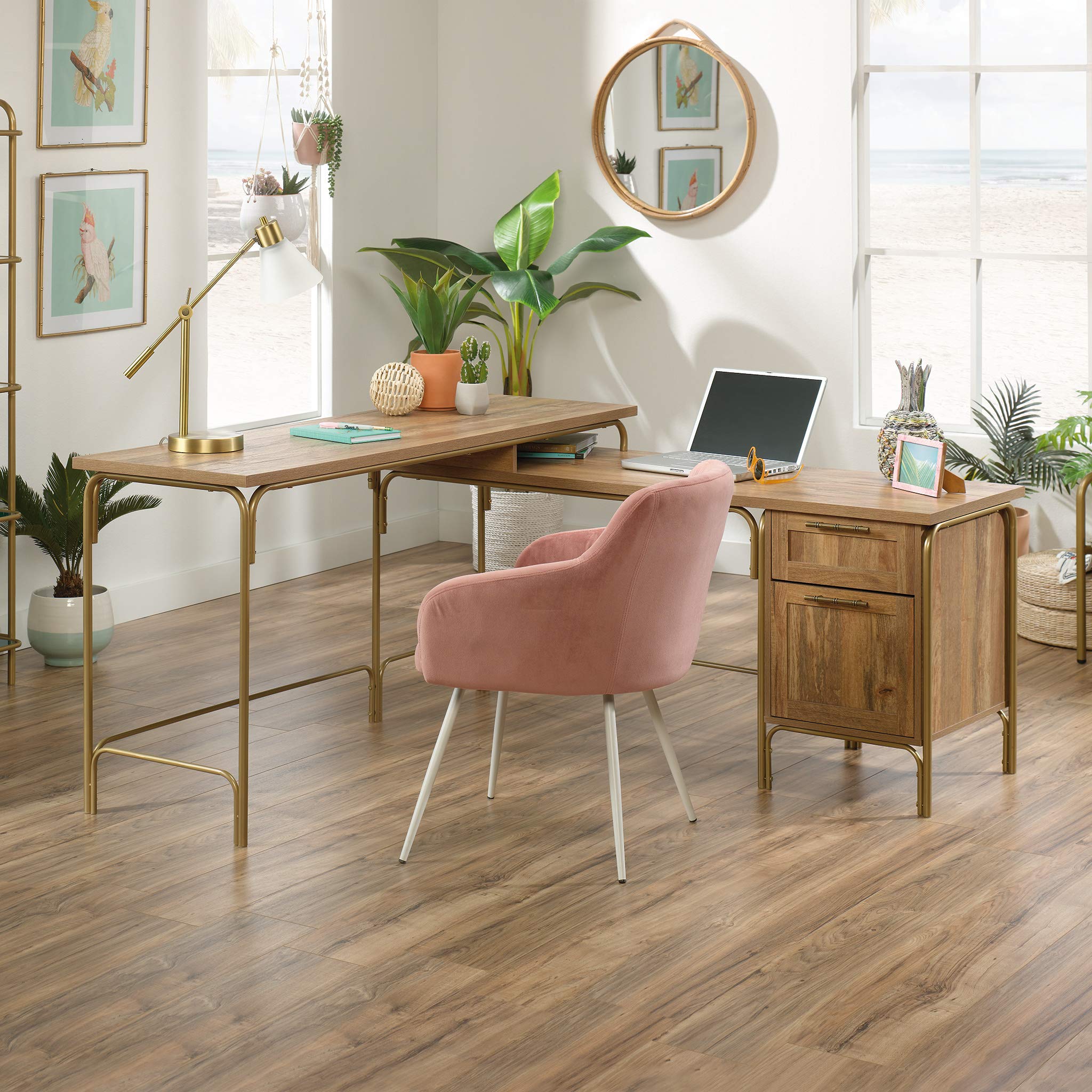 Sauder Coral Cape L-Shaped Corner Desk with Spacious Desktop & File Drawer - Sindoori Mango Finish for Home Office & Small Workspace