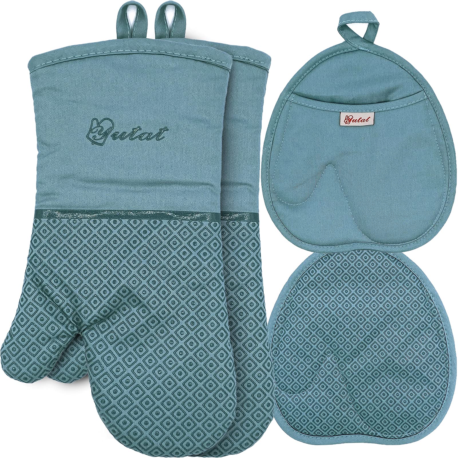 YUTAT 4-Piece Heat Resistant Oven Mitts and Pot Holders Set - Food Grade Silicone Non-Slip Grip for Kitchen Cooking, Baking & BBQ - Perfect for Grilling, Roasting, and Handling Hot Dishes (Teal)
