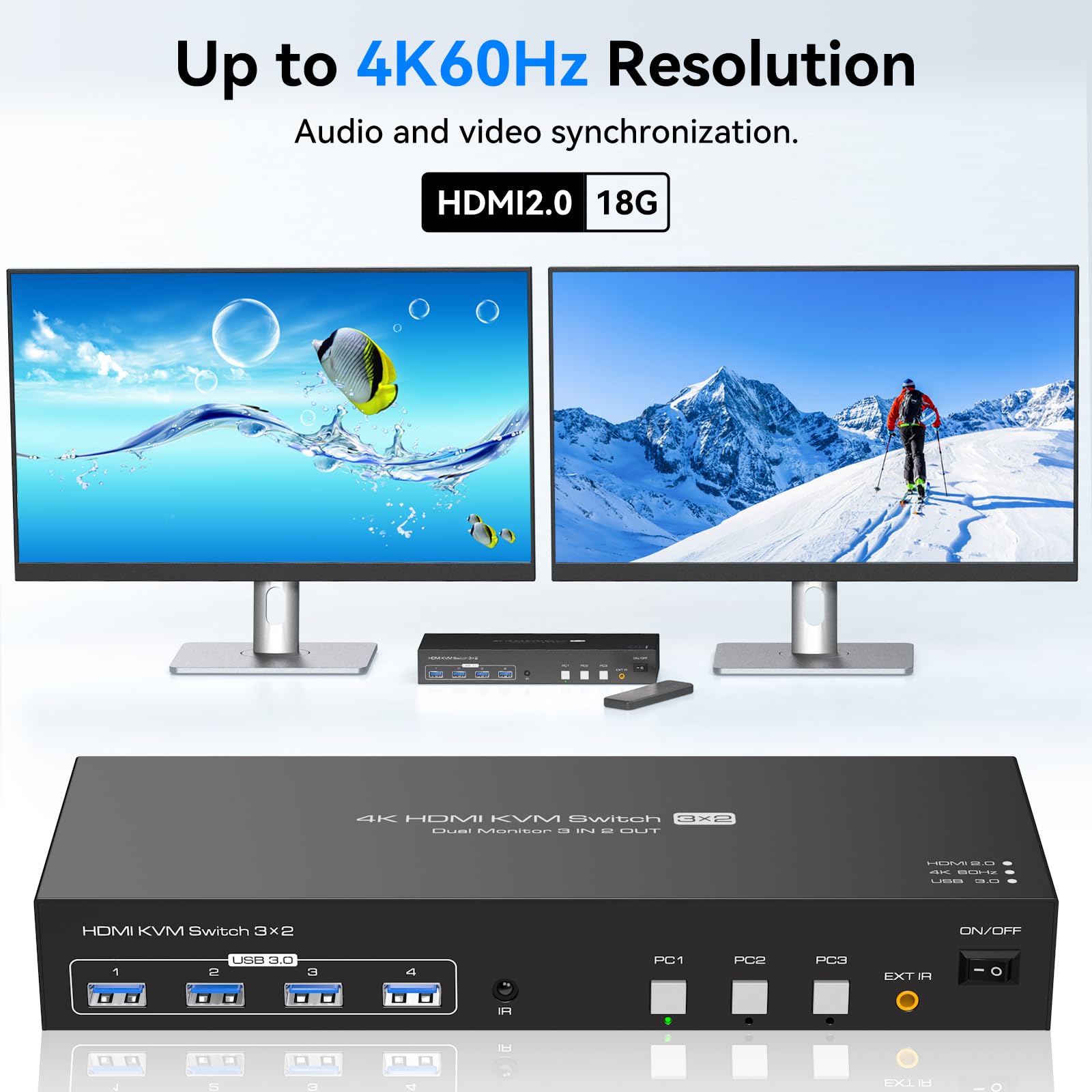4K60Hz HDMI KVM Switch for Dual Monitors & 3 Computers - USB 3.0 Sharing Hub with EDID Simulation, Remote Control & Cables - Perfect for Home Office, Gaming Setup & Multi-Device Workstations