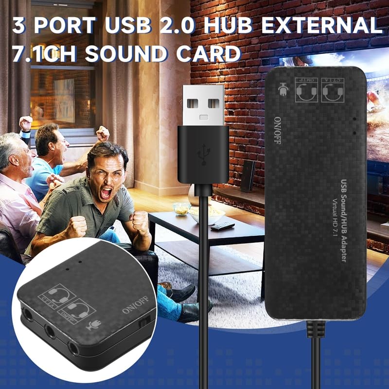 iFutniew 3-Port USB 2.0 Hub with 7.1 Channel External Sound Card - Headset & Microphone Adapter for PC (Black) - Perfect for Gaming, Streaming & Conference Calls
