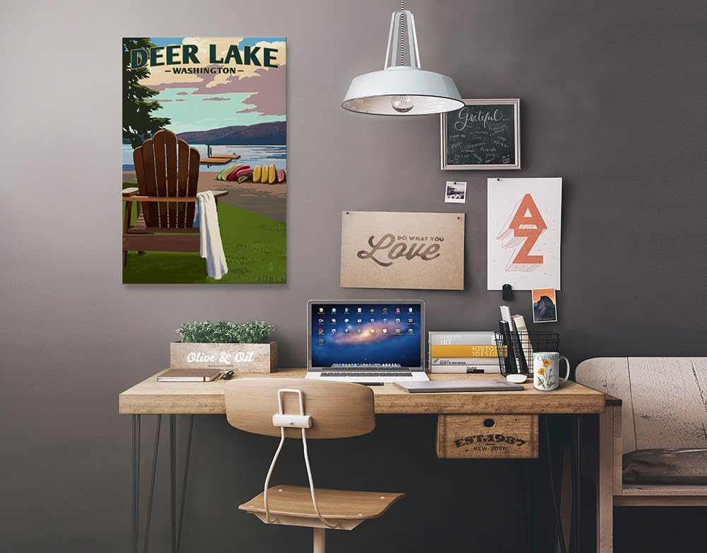 Lantern Press Deer Lake Washington Wall Art - 12x18 Wrapped Canvas Print of Adirondack Chairs by the Lake - Nature Home Decor for Living Room, Bedroom & Office