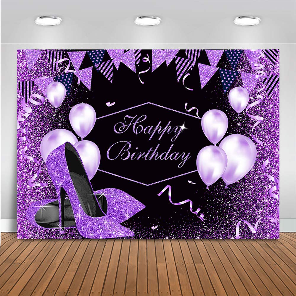 Purple Birthday Backdrop for Girls & Women - High Heels Happy Birthday Party Decoration with Black Rose Gold Glitter Balloons - 10x7ft (120x84 inch) Photography Background - Perfect for Birthday Parties, Baby Showers & Photo Shoots