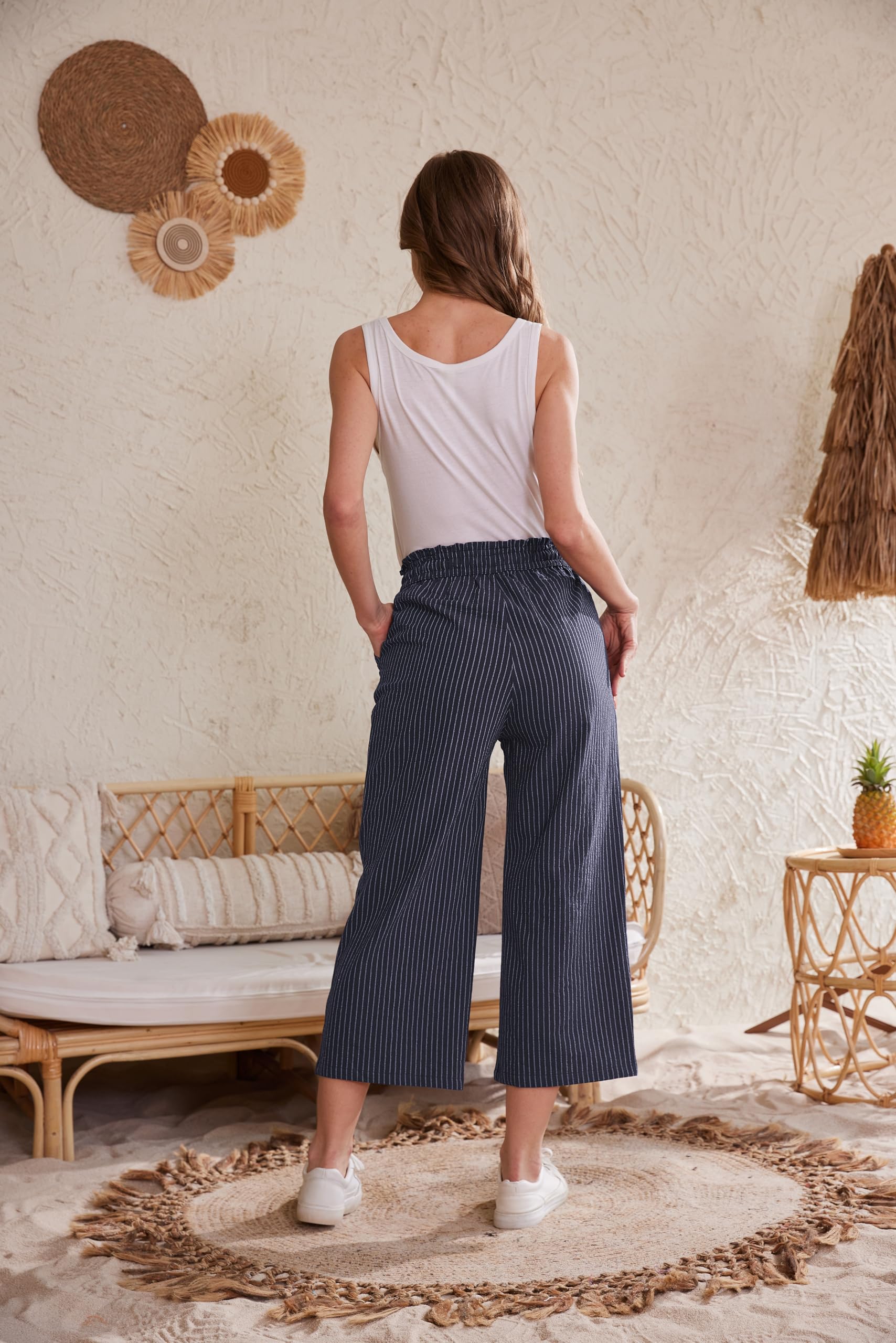 Women's Linen Pants Wide Leg High Waisted Drawstring Casual Loose Trousers with Pockets - Summer Boho Beachwear & Lounge Comfort Outfit