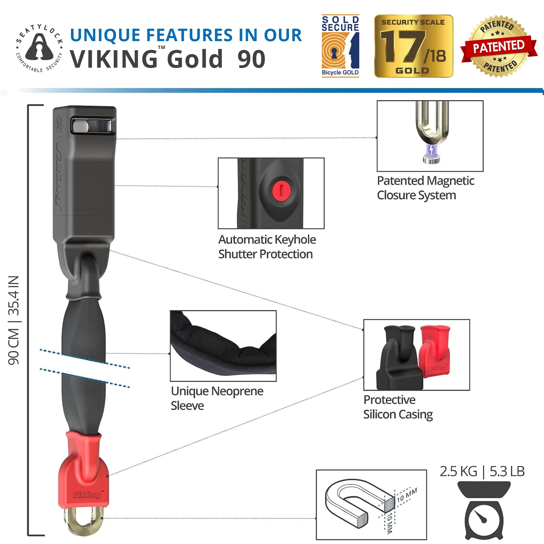 Seatylock Viking Heavy Duty Bike Lock Chain with Key - Patented Motorcycle & Bicycle Anti-Theft Lock Sold Secure Gold Certified - 35.4 Inch Ultra Secure Bicycle Chain Lock for Maximum Protection - Ideal for Urban Commuting, Bike Parking & Outdoor Adventures