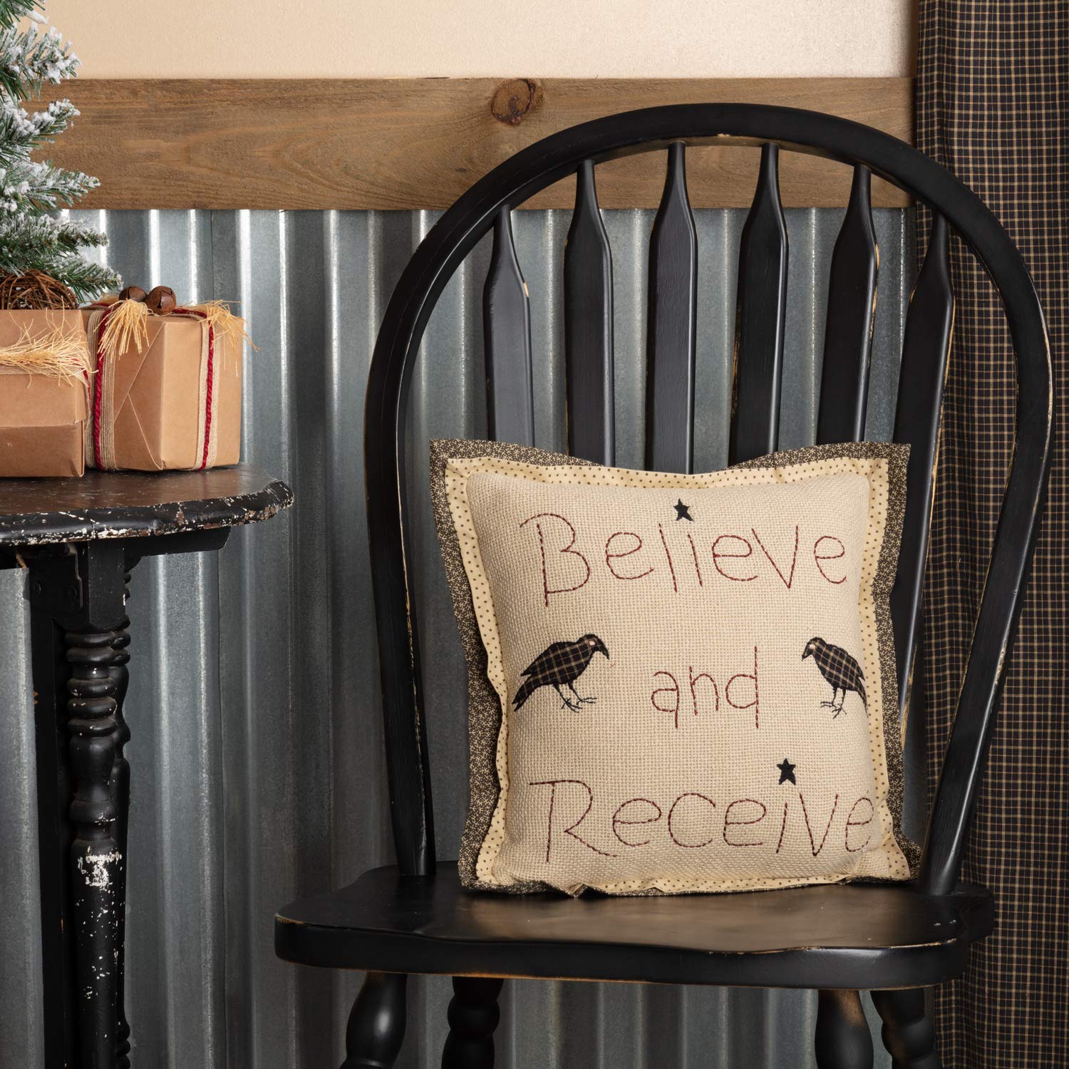 VHC Brands Kettle Grove Believe and Receive Pillow 12x12 Inch - Rustic Farmhouse Decorative Throw Pillow for Sofa, Bed, Living Room - Tan Country Primitive Home Decor Accessory
