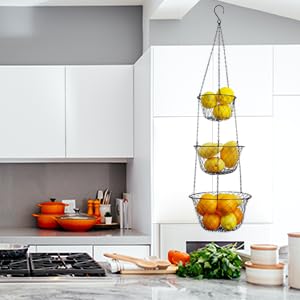 Malmo 3-Tier Wire Hanging Basket for Fruits & Vegetables - Black Iron Kitchen Storage Organizer - Perfect for Pantry, Countertop, or Wall Mount Storage
