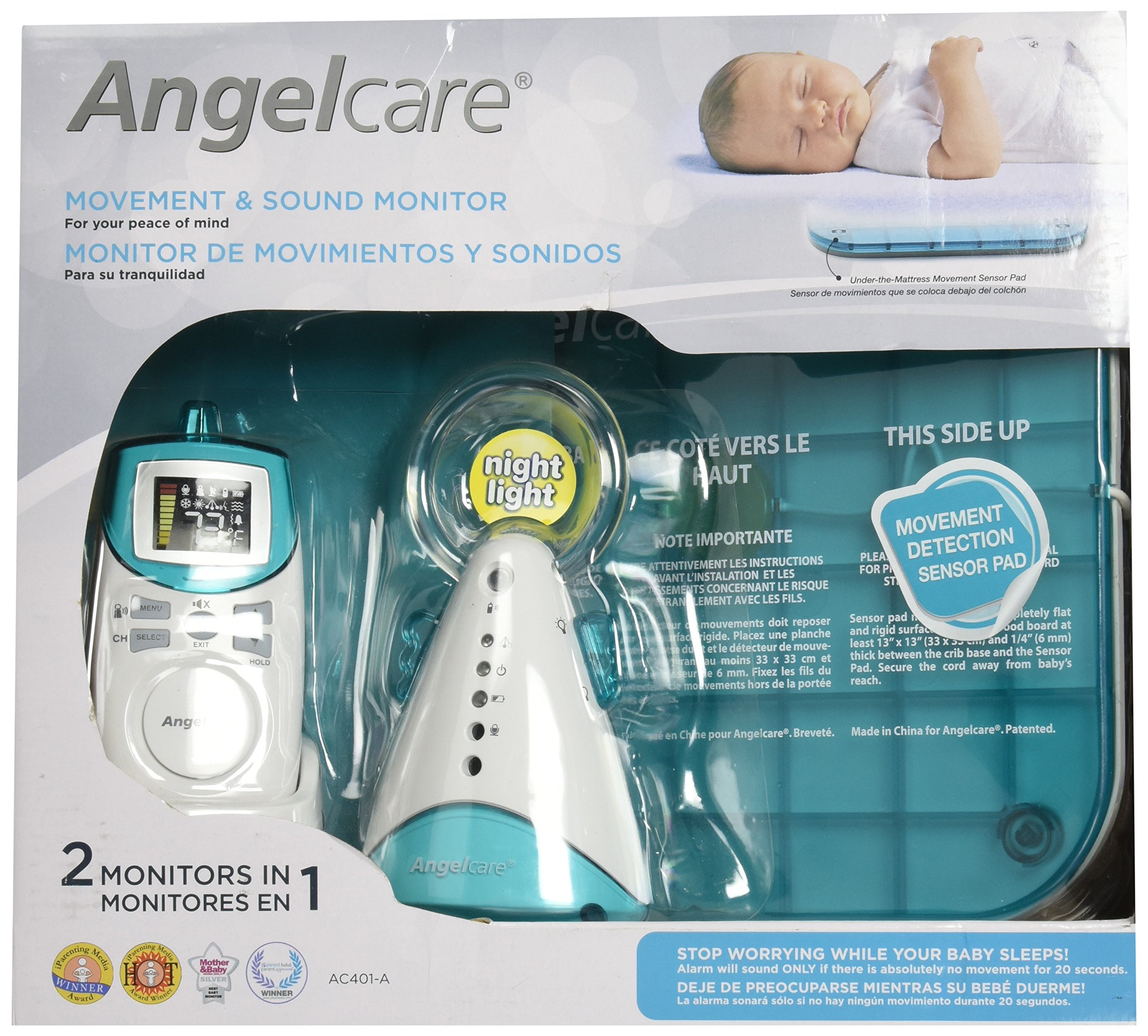 Angelcare Movement and Sound Baby Monitor with Under-Mattress Sensor - Aqua & White for Nursery, Crib Safety & Peace of Mind