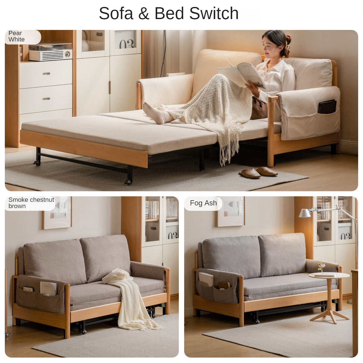 Modern Beech Solid Wood Sofa Bed - Convertible Sleeper for Small Spaces, Guest Room & Studio Apartments